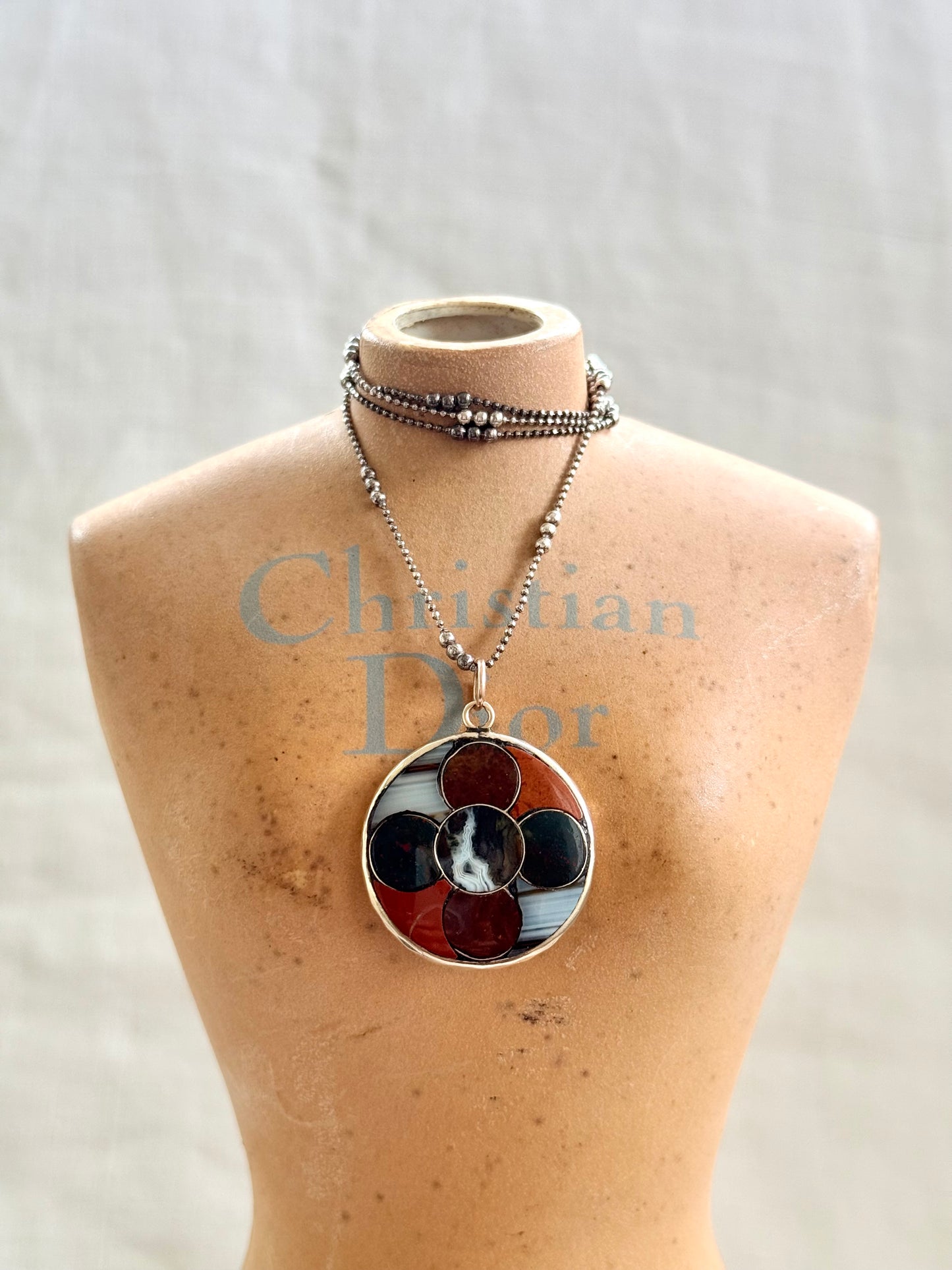 .1850s .1860s .375 gold .925 silver antique Victorian Scottish agate pebble stone pendant with St Christopher token pendant