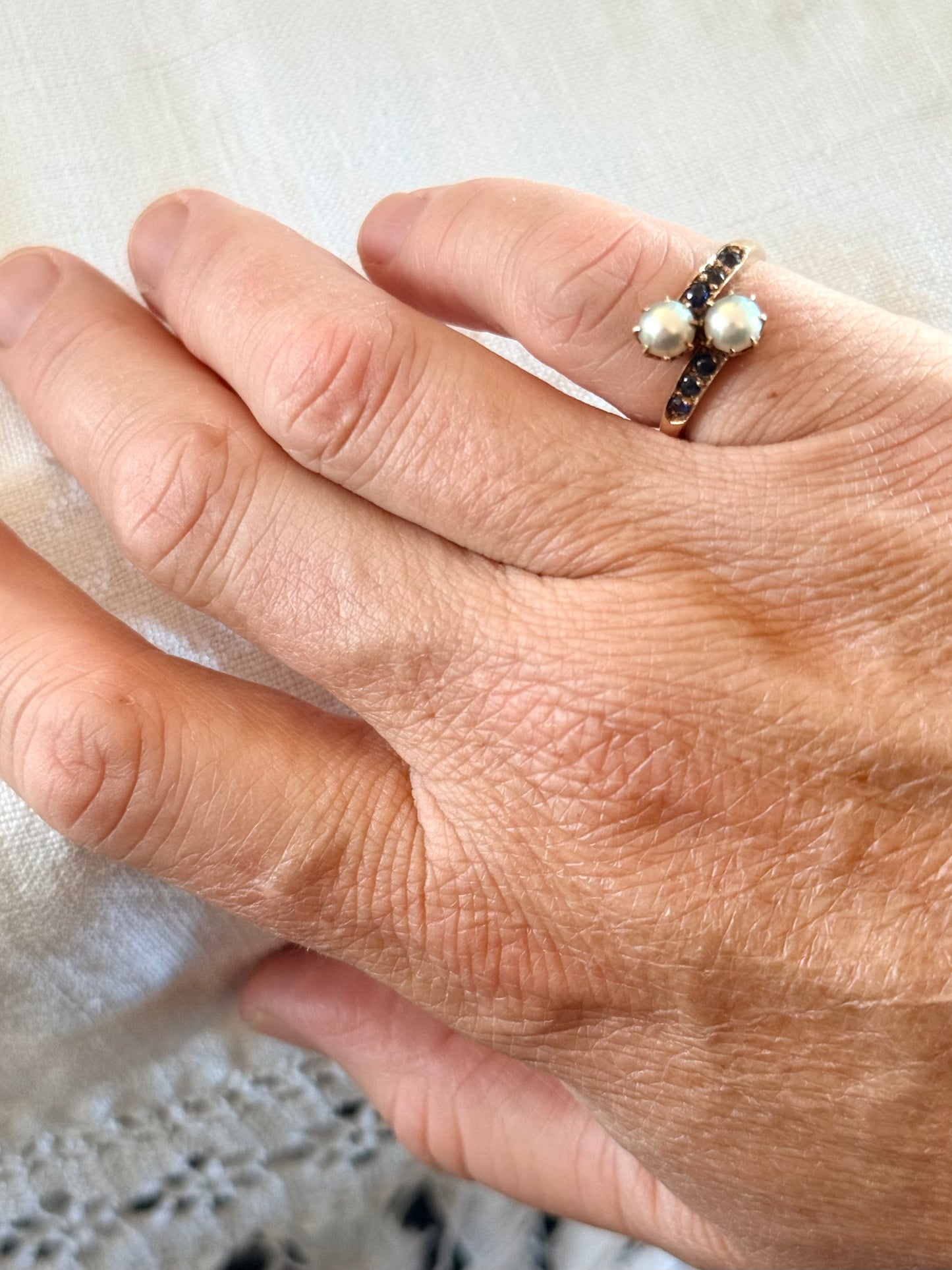 .14ct .1880s .1900s .585 gold antique Victorian Edwardian treasure Toi et Moi double pearl and sapphire bypass sweetheart commitment ring