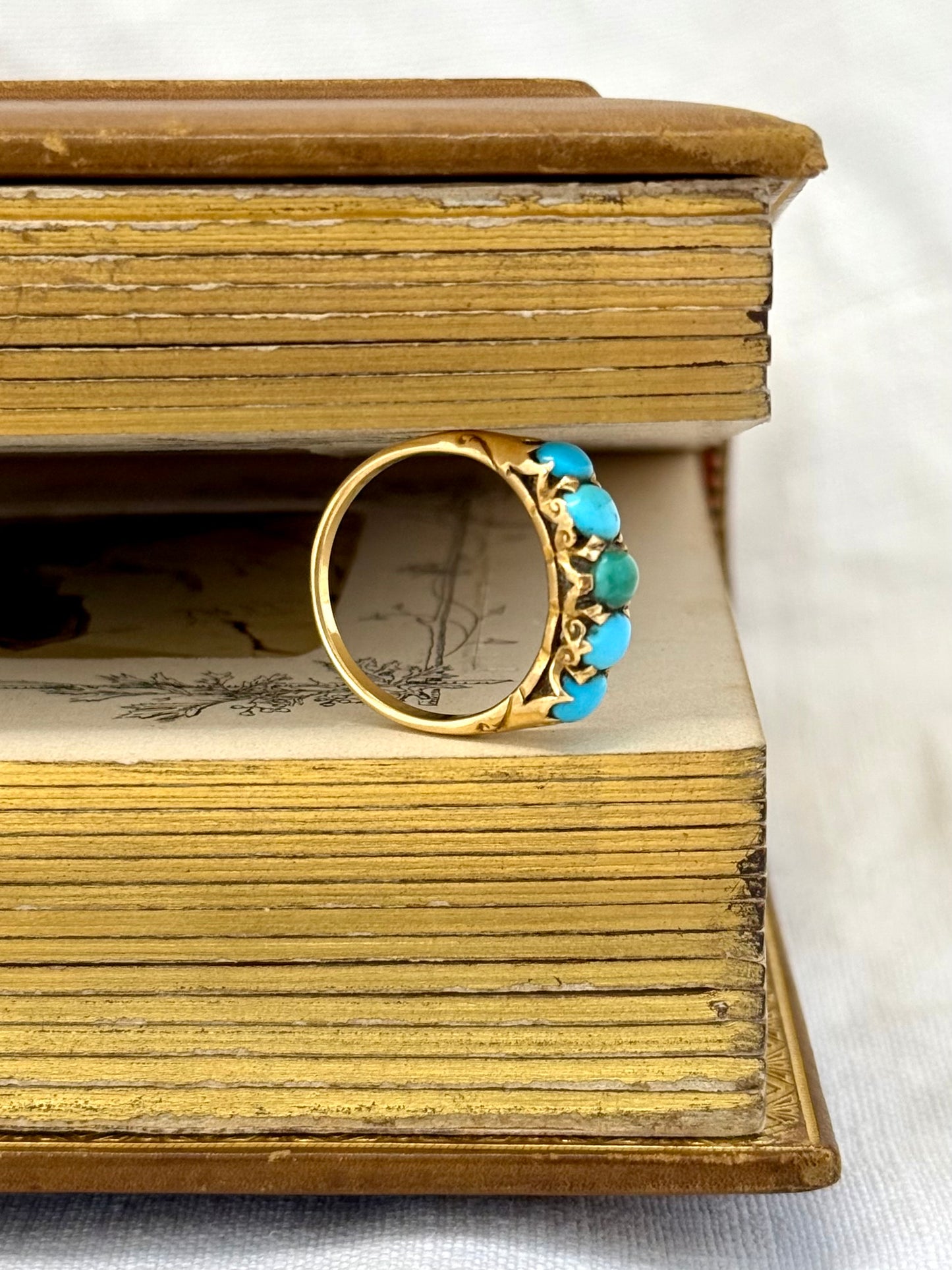 .18ct .1890s .5 turquoise Victorian blue gemstone half eternity high carat gold dress ring