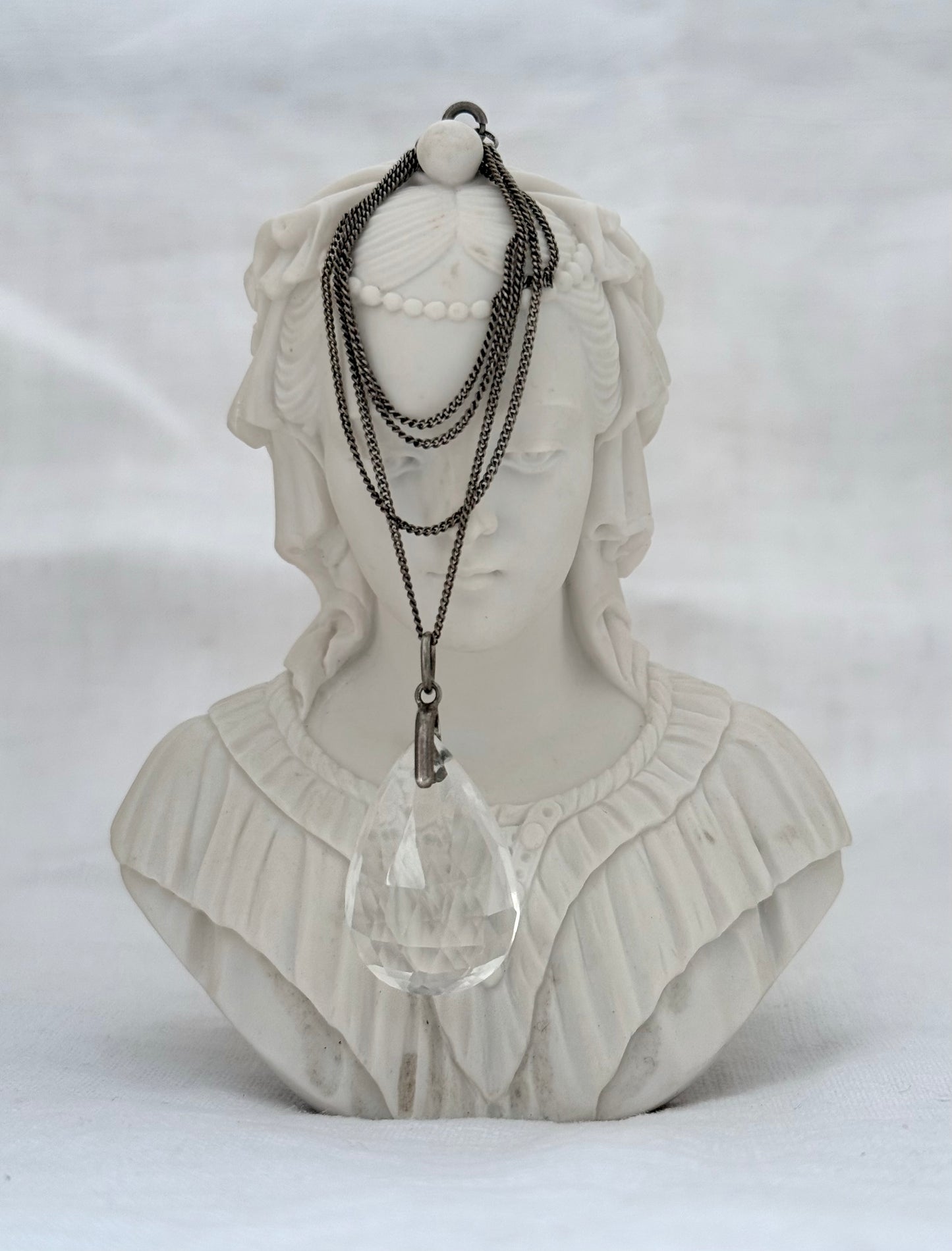 .1900s .1910 Antique Art Deco Rock Crystal Briolette teardrop pendant on Silver chain