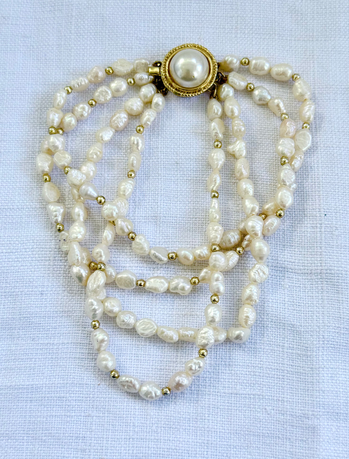 .4 strand .925 silver Gold Plated freshwater rice pearl multi strand vintage 1970s style pearl bracelet