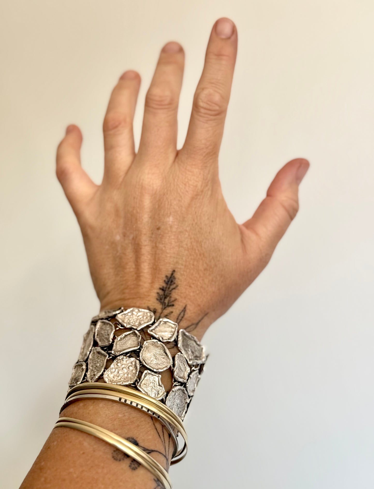 .1950s .925 Brutalist Modernist chunky silver hand made free form wide solid silver accent panel bracelet