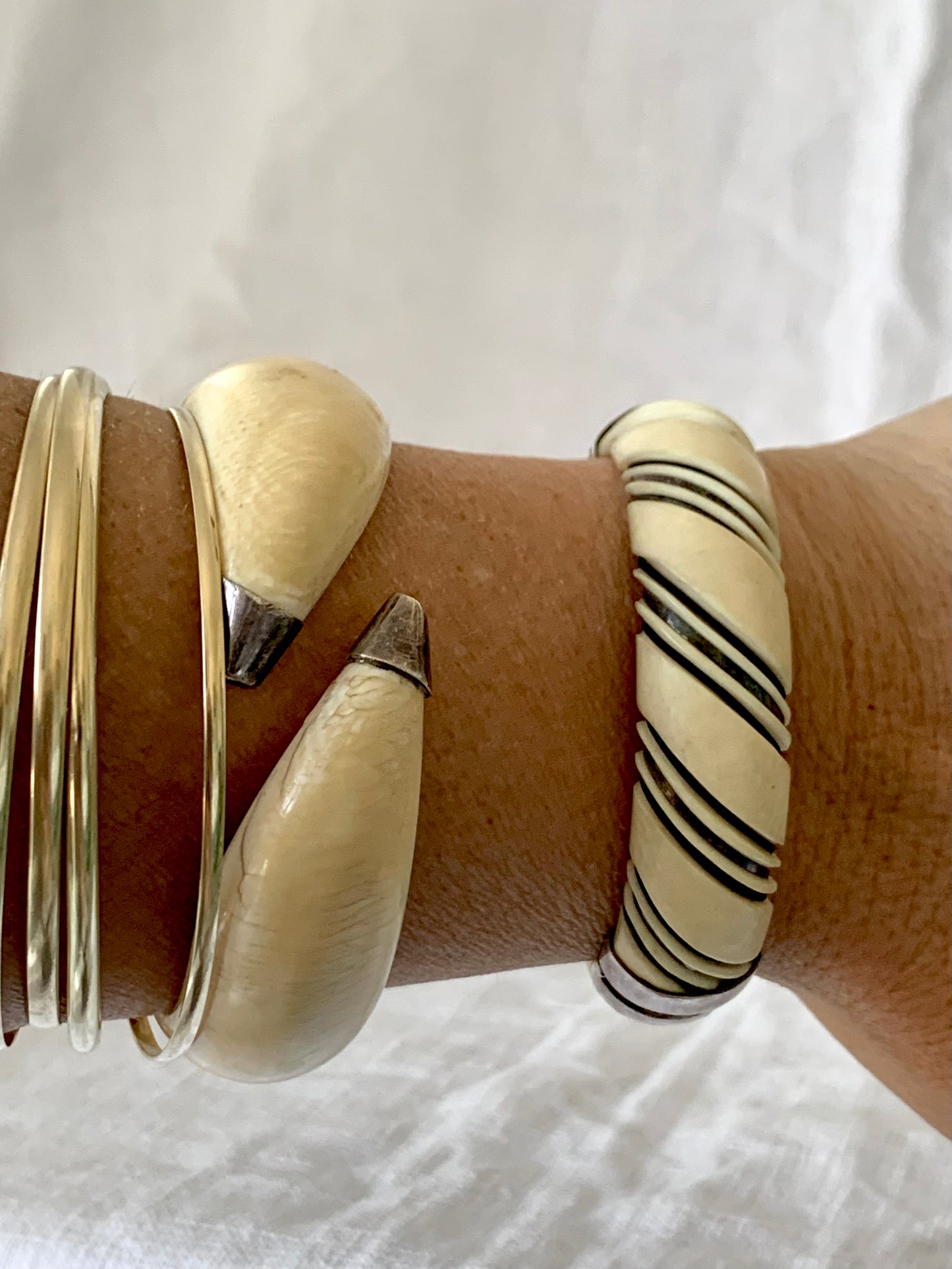 .925 1960s 1970s pre ban ivory bone sterling silver wire and elephant hair wrapped clasp bangle