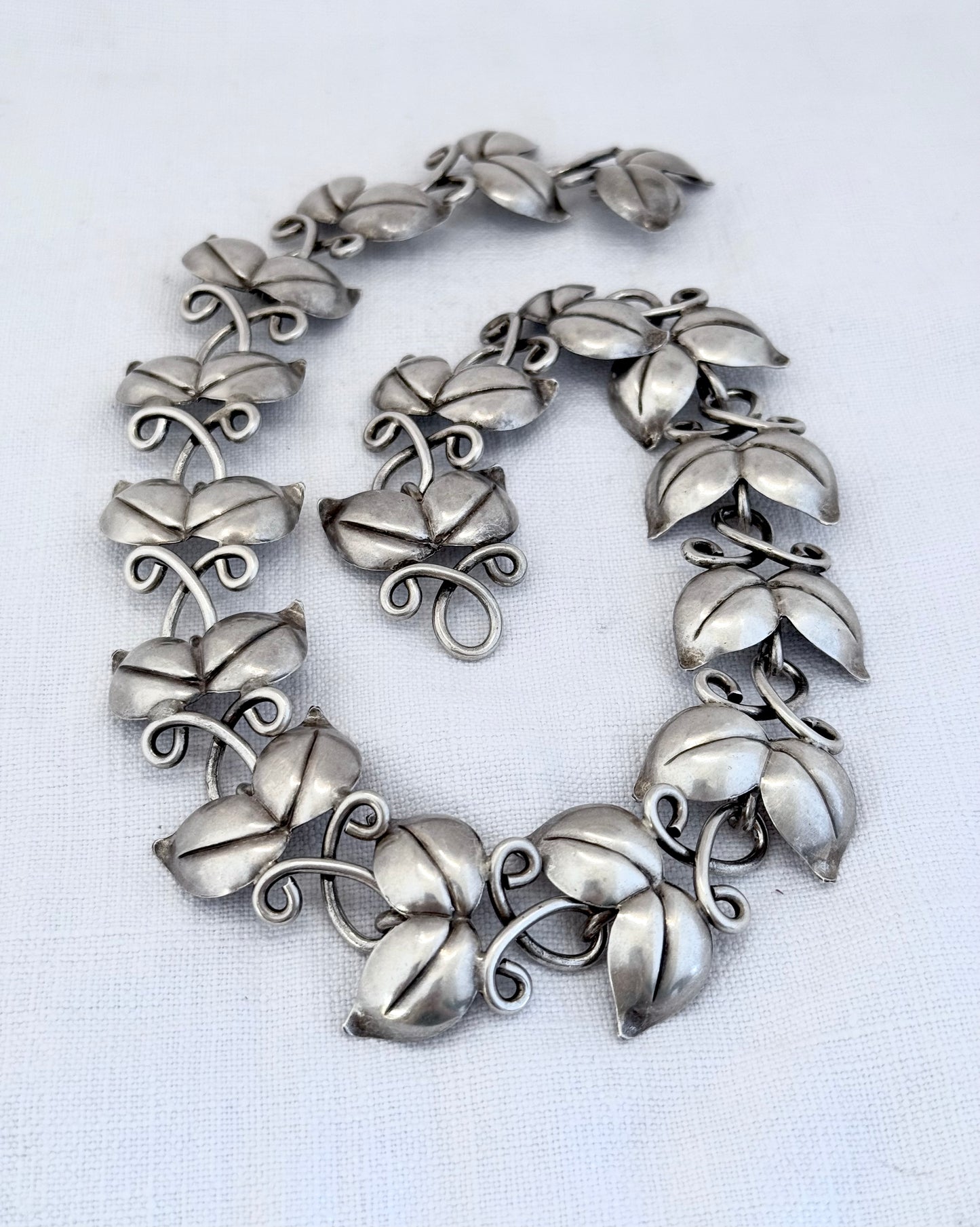 .1946 .925 designer mid century modern double leaf solid sterling silver modernist Scandinavian Swedish Haglund designer heirloom statement necklace
