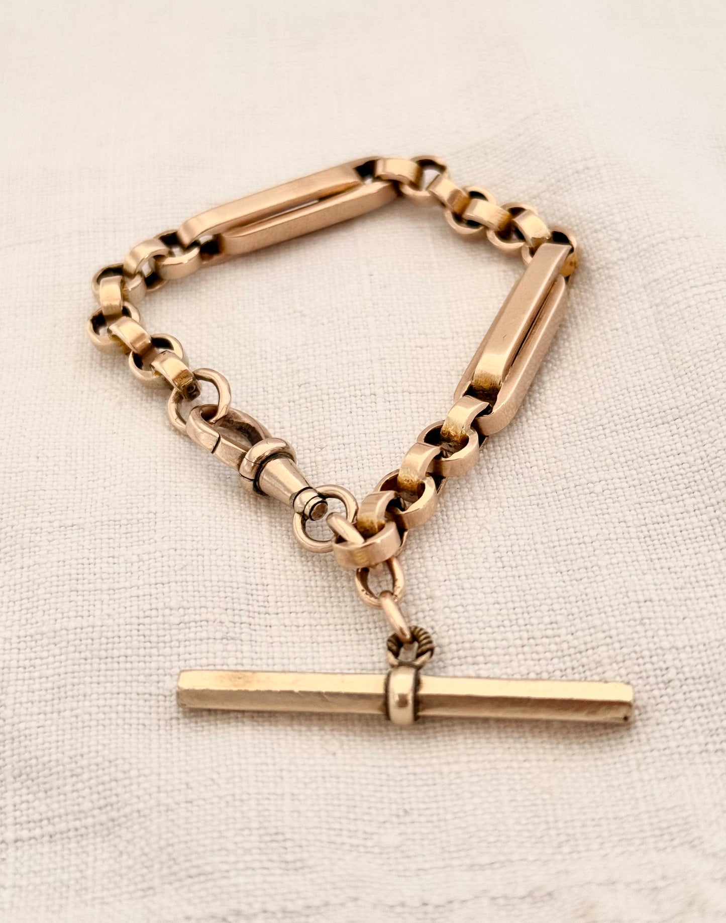 .1890s .1900s .9ct antique chunky gold fancy link double paper clip link fob chain with oversized T bar bracelet