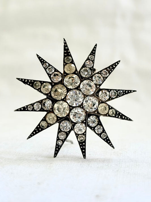 .1880s .1900s antique .900 silver Victorian Edwardian large Celestial starburst star bright hand cut paste gemstone true antique celestial star brooch