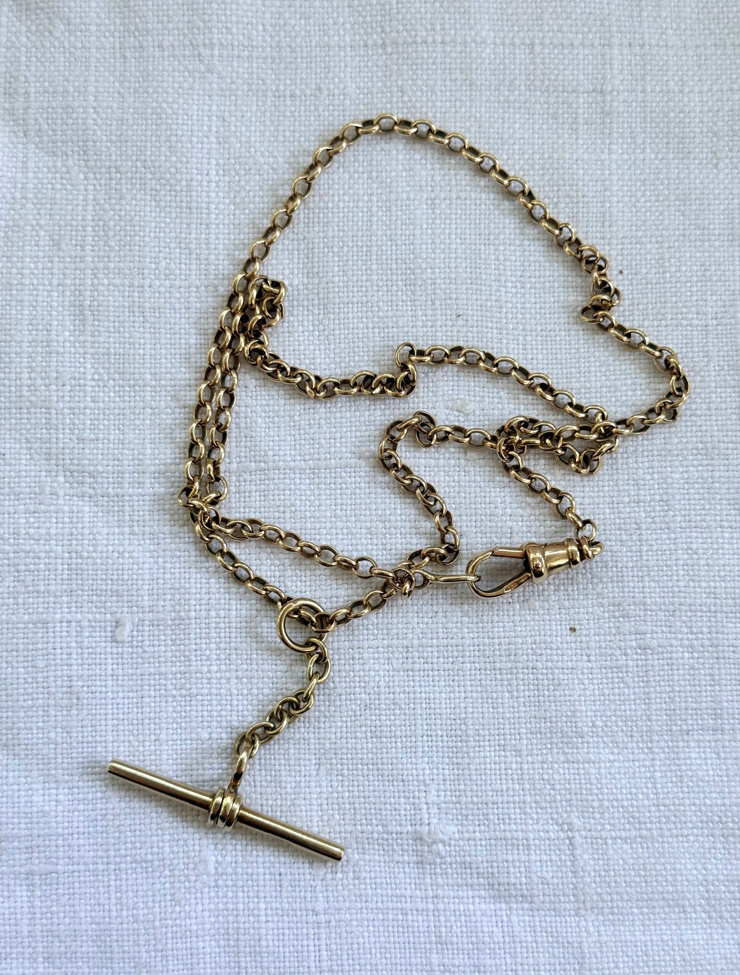.375 .9ct gold perfect 48cm long yellow gold Rolo Chain T-bar toggle fob chain fob dog clasp chain necklace. This is the perfect yellow gold fob chain