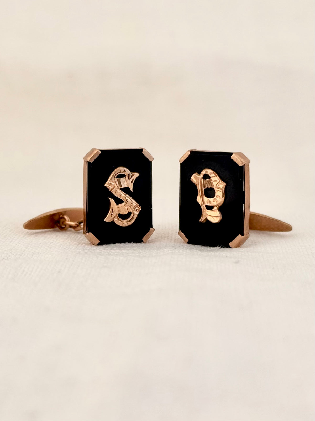 .1900s .1920s .375 .9ct Art Deco Rare antique Rose Gold and Onyx gemstone signet initial S & P cufflinks