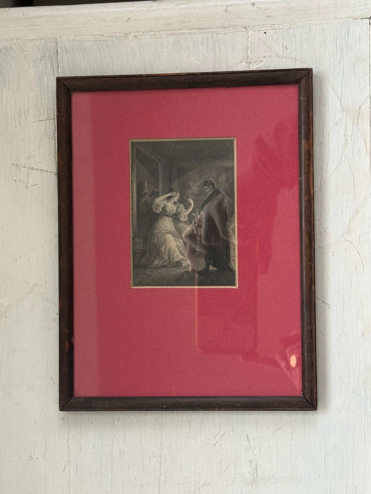 .1800s .1850s antique bookplate steel engraving framed Romantic Gothic literature scene depiction
