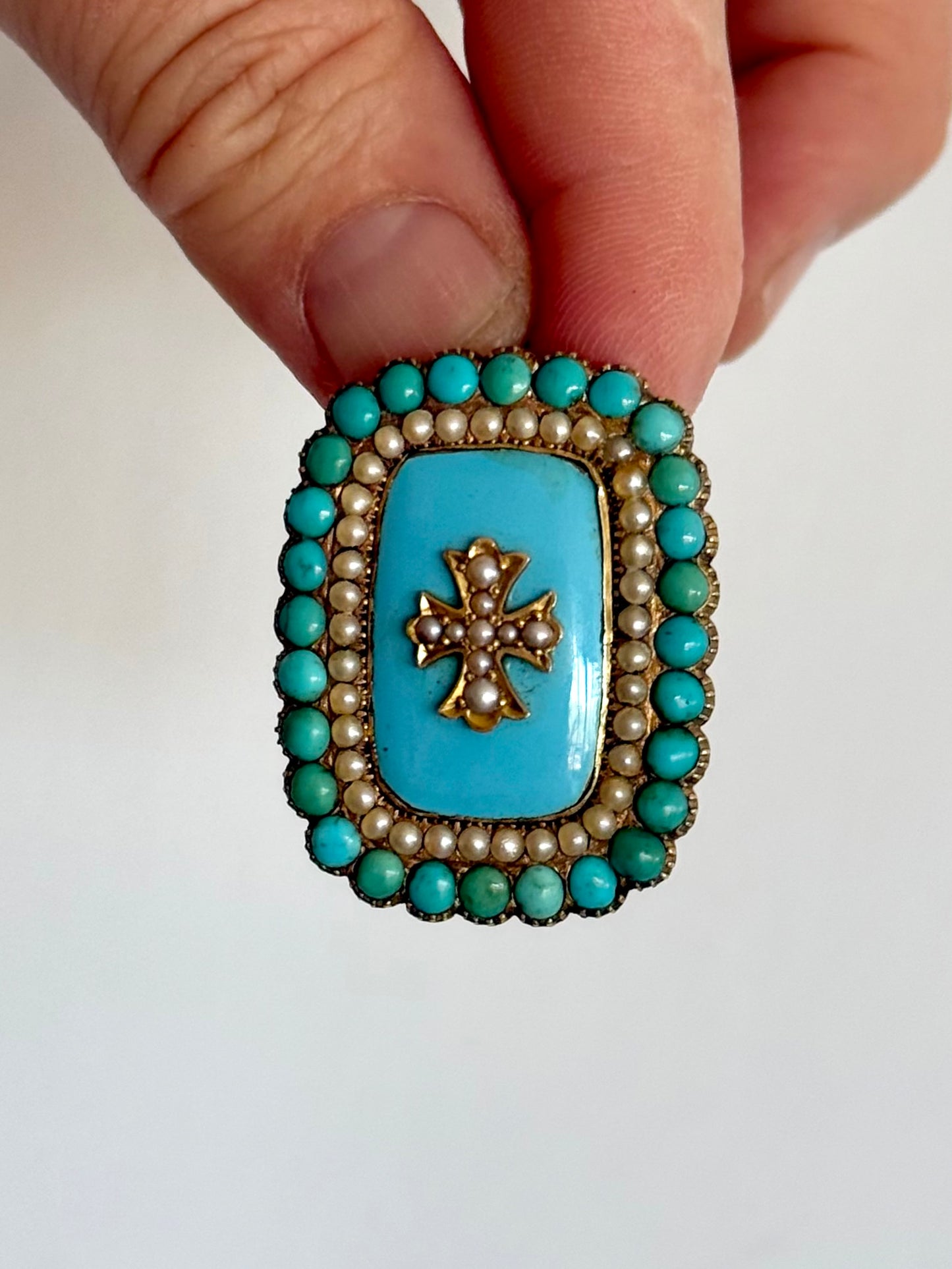 .15ct .1800s antique late Georgian early Victorian rare and magnificent Turquoise Pearl enamel high carat gold Maltese cross brooch pin