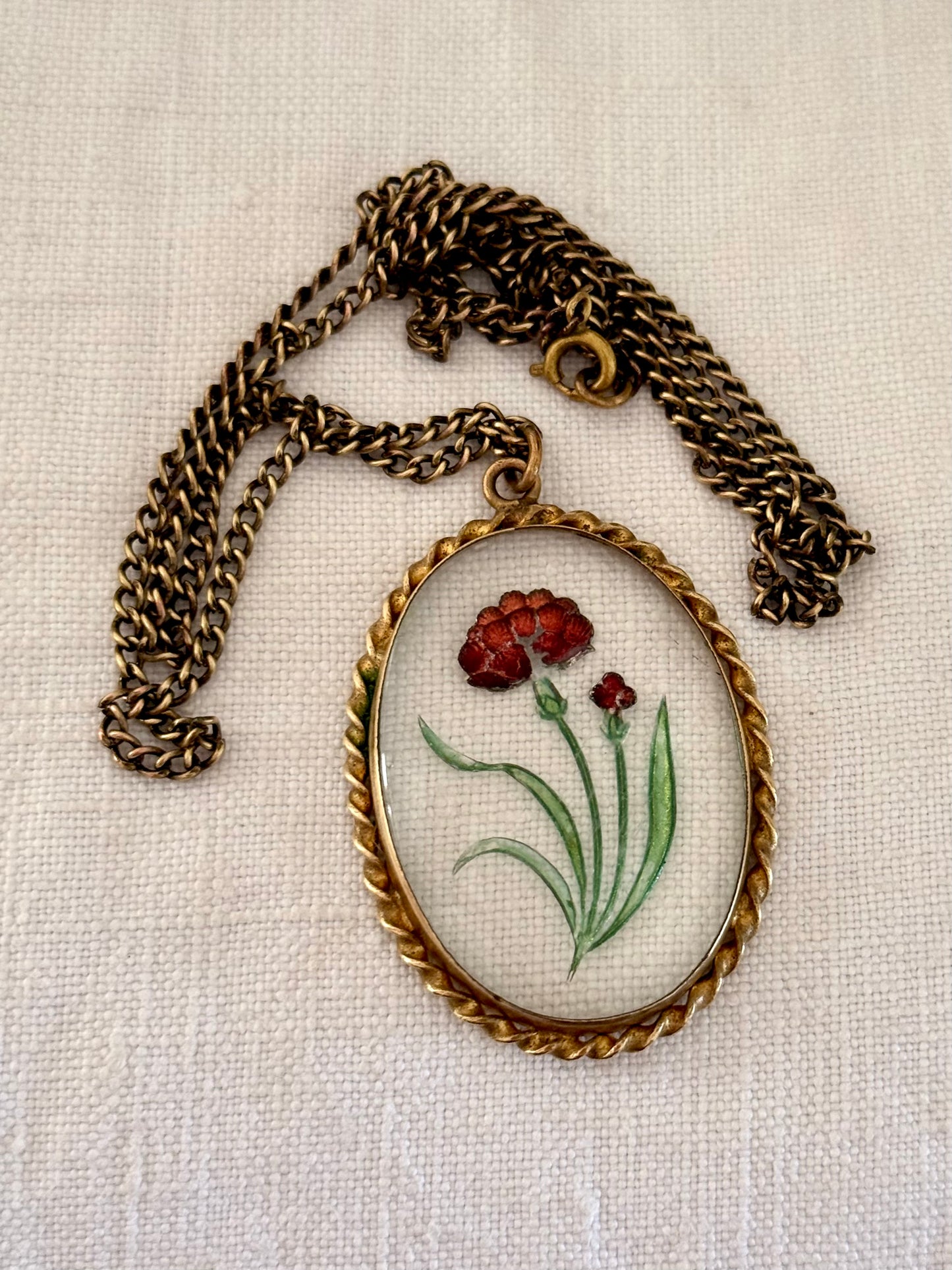 .1900s .1920s antique artisan reverse glass Carnation flower hand painted floral glass cabochon pendant
