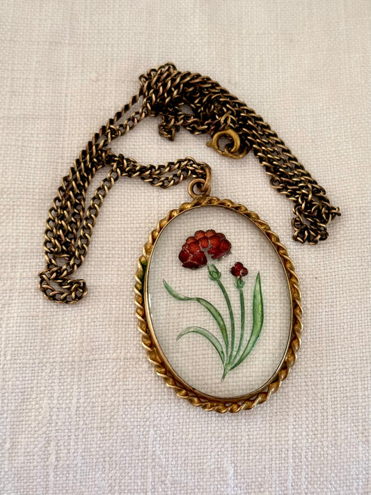 .1900s .1920s antique artisan reverse glass Carnation flower hand painted floral glass cabochon pendant