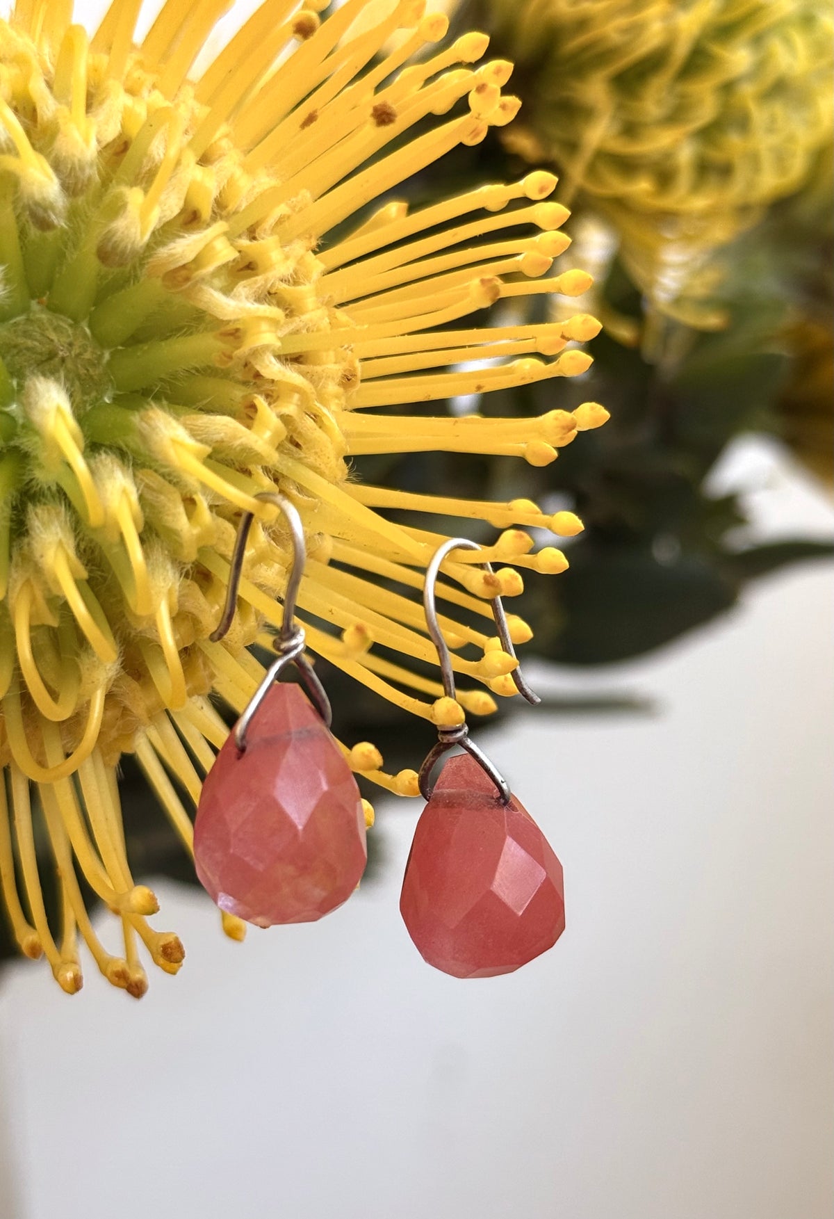 .925 Cherry Quartz gemstone Briolette teardrop silver artisan made boho drop dangle earrings