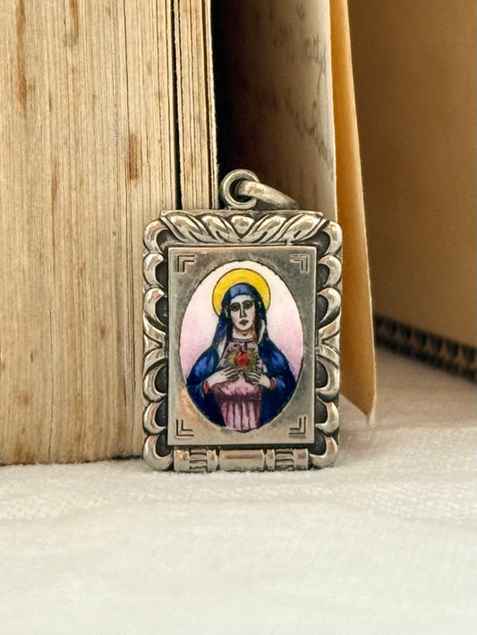 .1930s Mother Mary vintage enamel religious pendant
