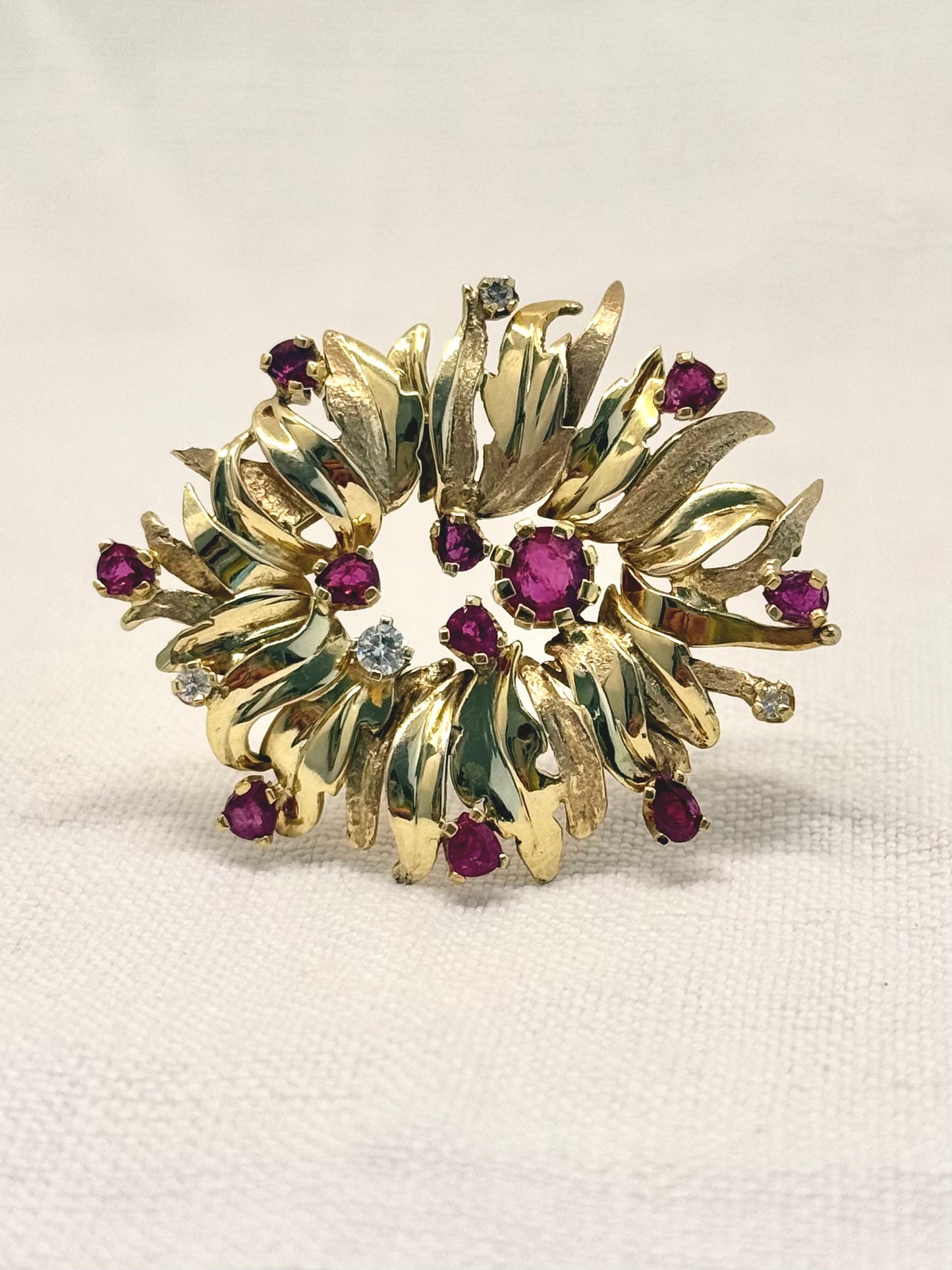 .1960s .1970s .375 gold modernist Diamond and Ruby gemstone heirloom Edelweiss flower spray brooch pin