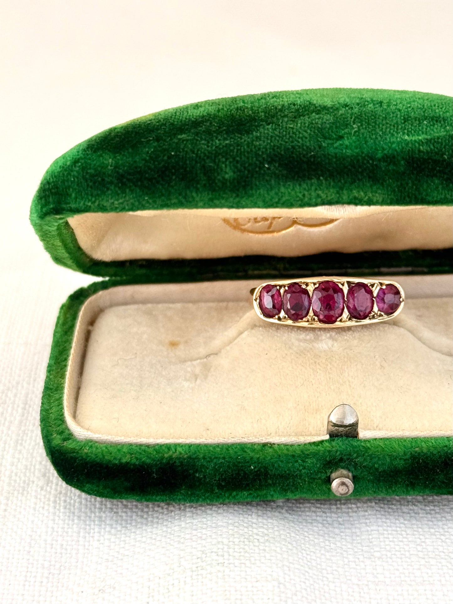.14ct .1900s .1910s antique heirloom Pink Ruby 5 stone across Edwardian yellow gold half eternity boat ring dress ring