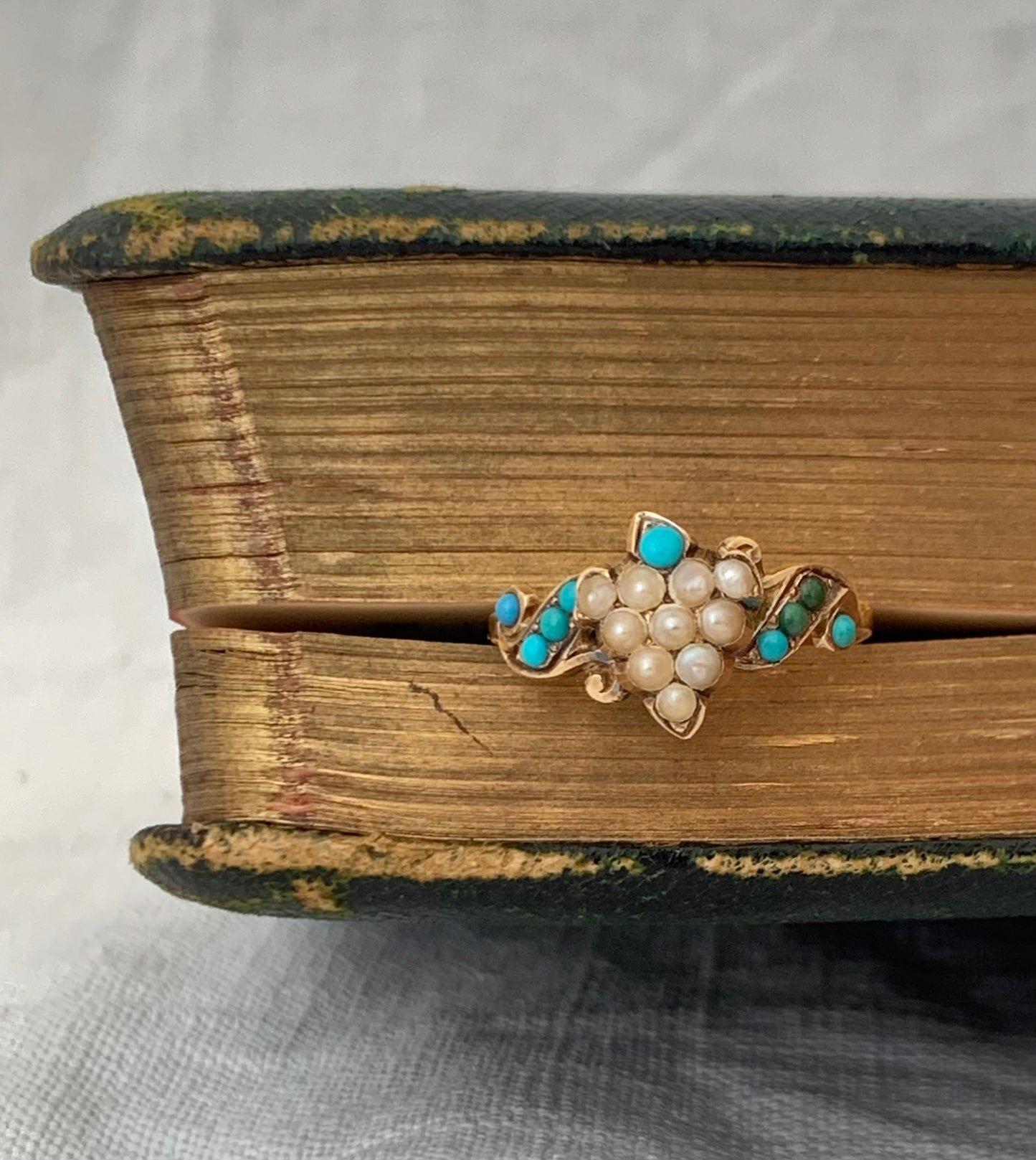 .1890s .1900s .375 .9ct antique buttery gold turquoise seed pearl grecian grape leaf Victorian gold sweetheart symbolic memory treasure ring