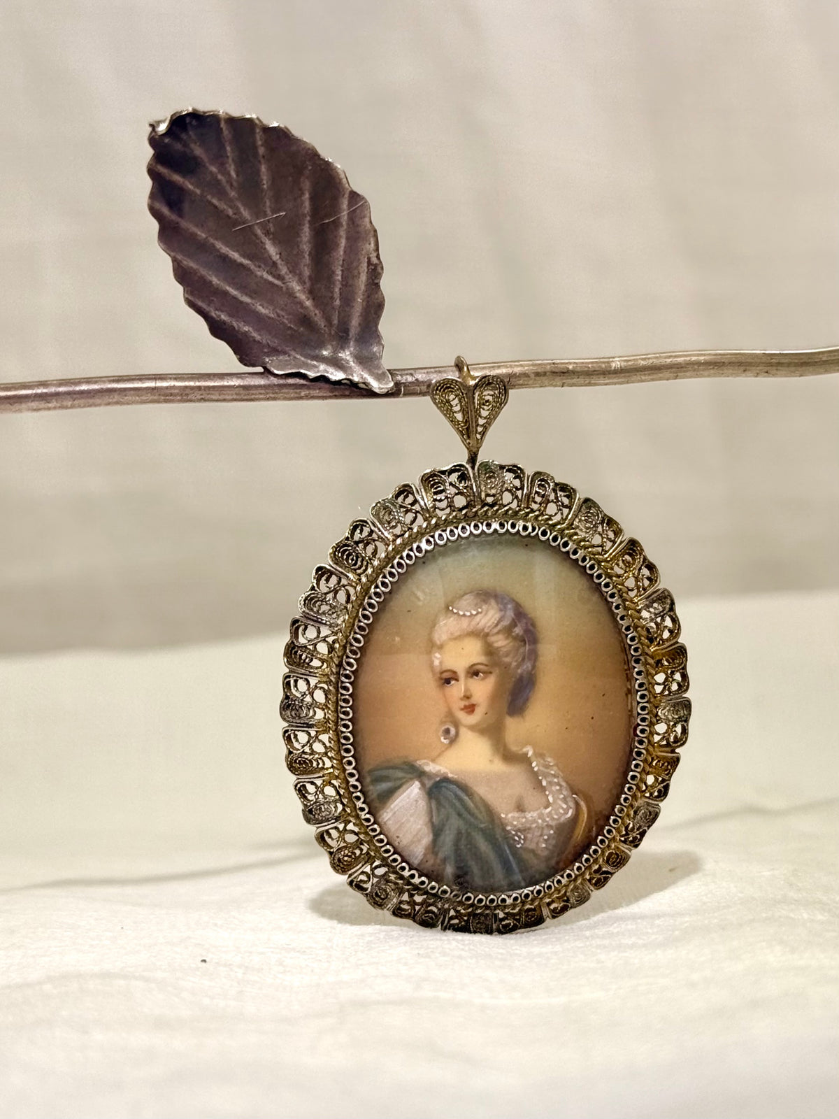 .1930s .1940s .800 Artist gold and silver incredible hand painted miniature Baroque revival portrait in fine silver filigree brooch and pendant