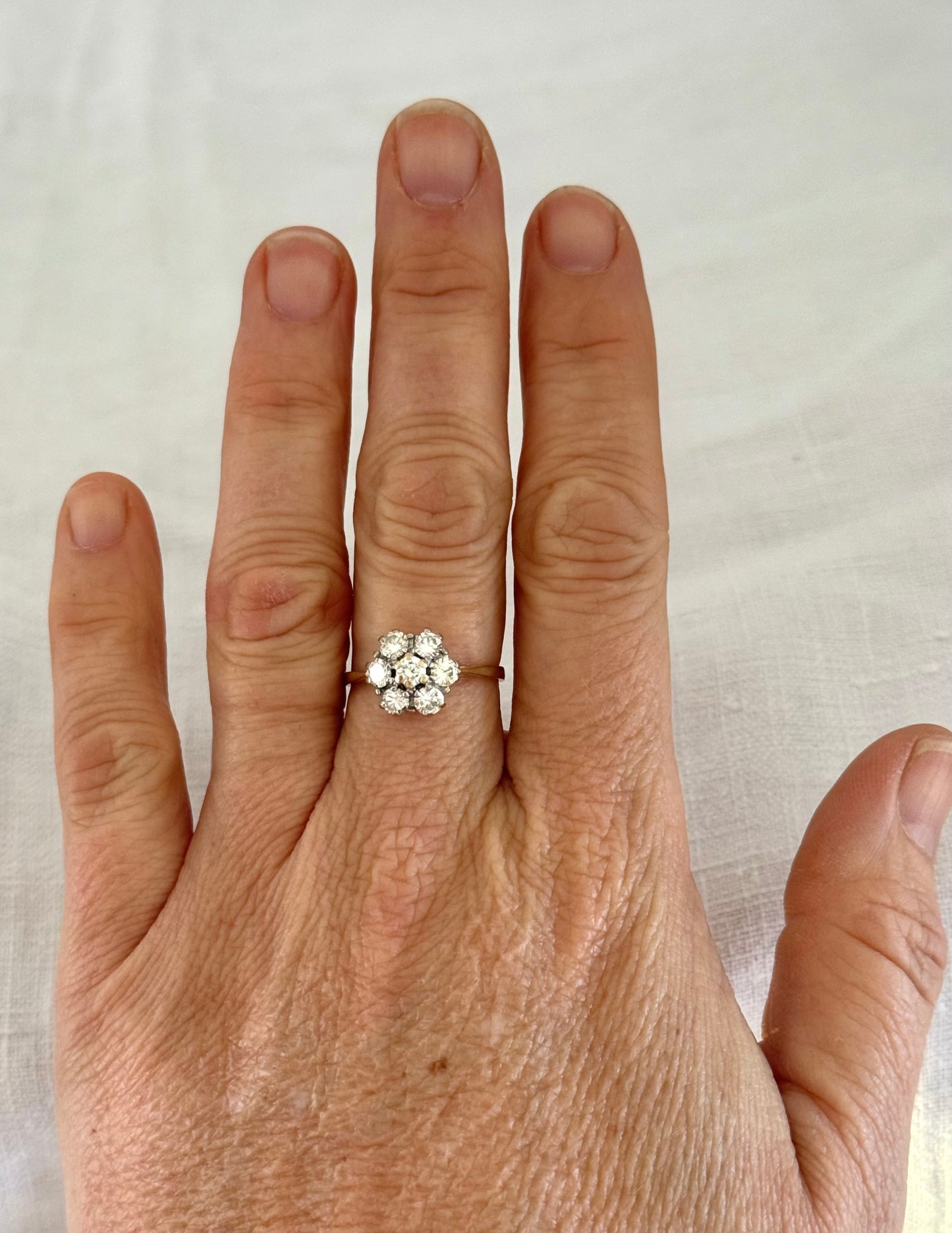 .18ct .1900s 1.00ct round brilliant antique floral cluster rosette high carat 750 yellow and white gold ring