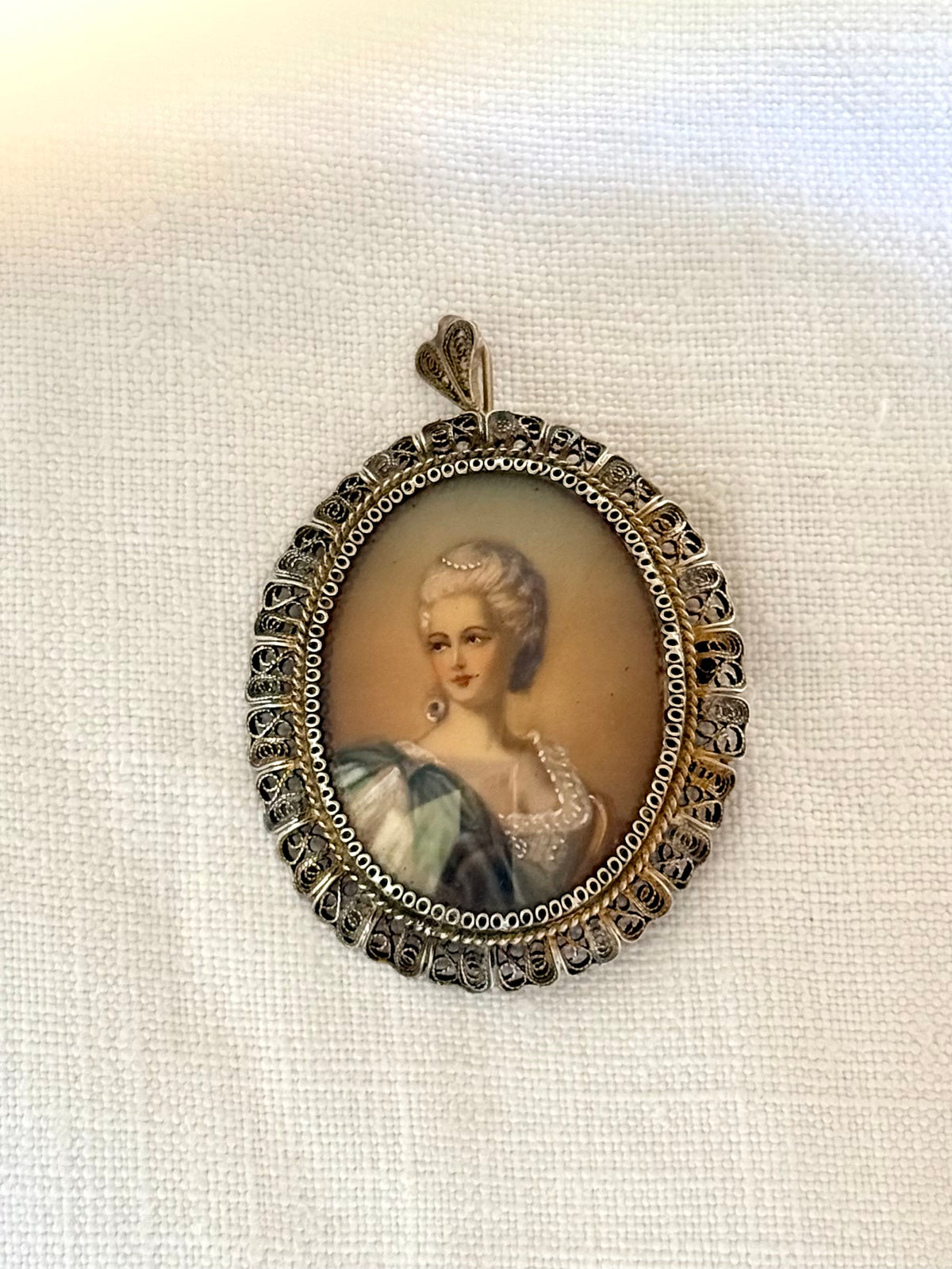 .1930s .1940s .800 Artist gold and silver incredible hand painted miniature Baroque revival portrait in fine silver filigree brooch and pendant