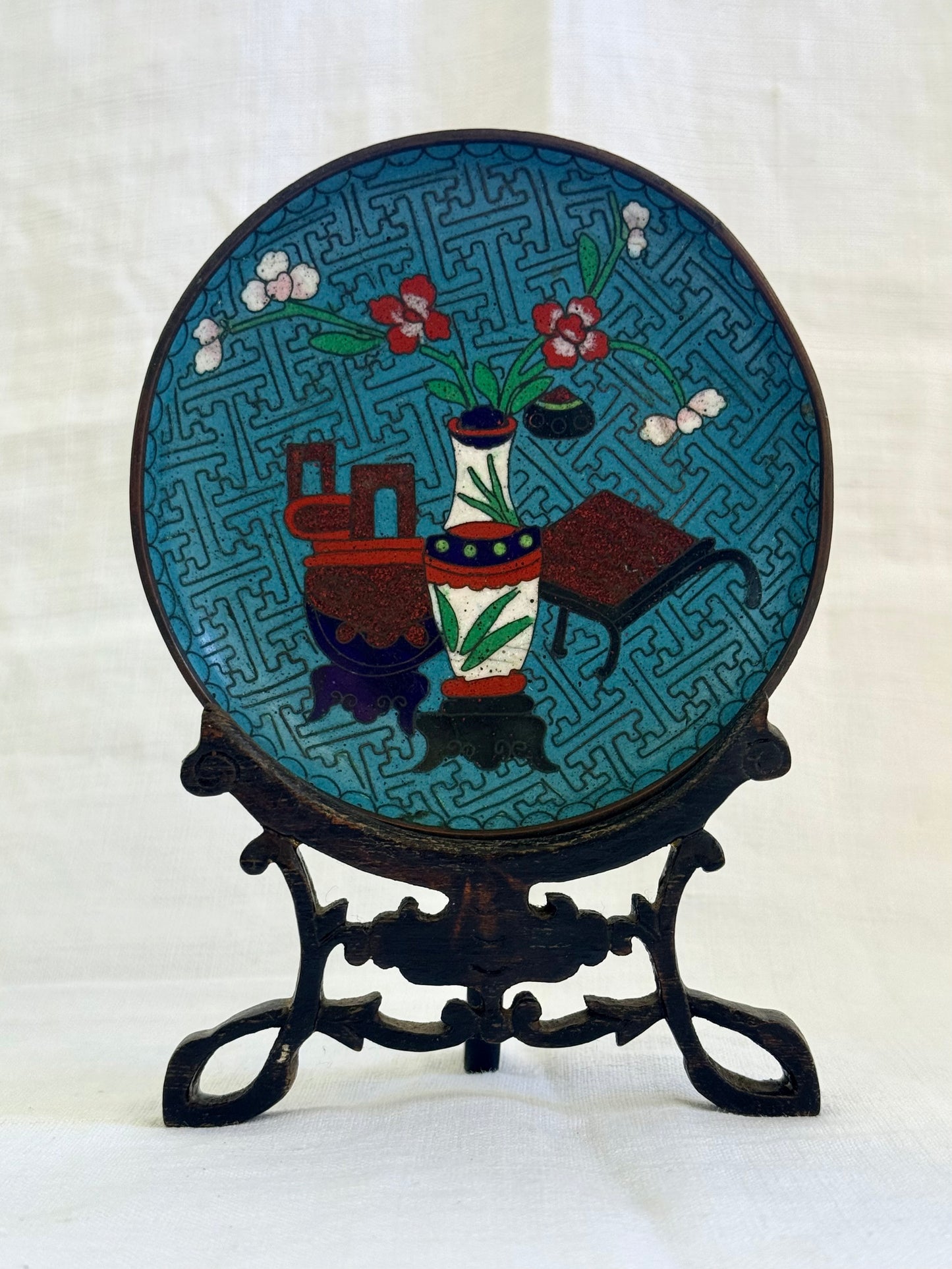 .1940s .1950s .2 plate Chinese Oriental cloisonne enamel plates with antique wooden display stand