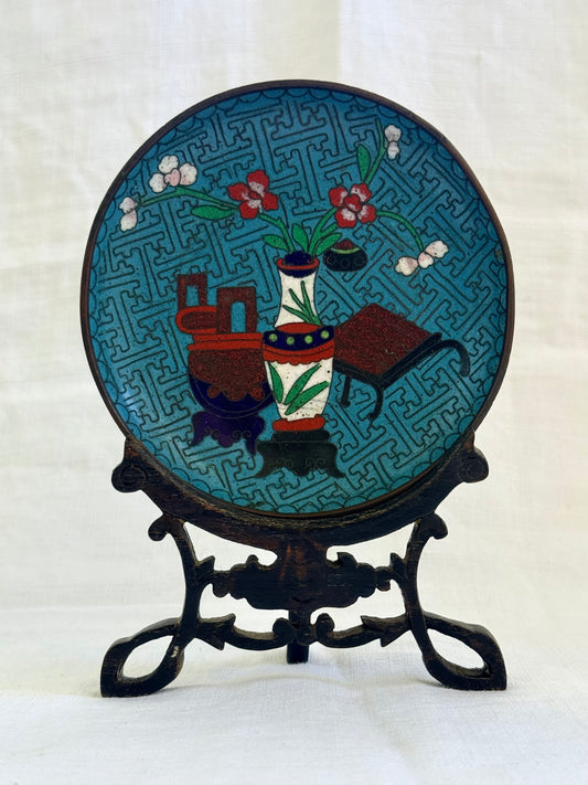 .1940s .1950s .2 plate Chinese Oriental cloisonne enamel plates with antique wooden display stand