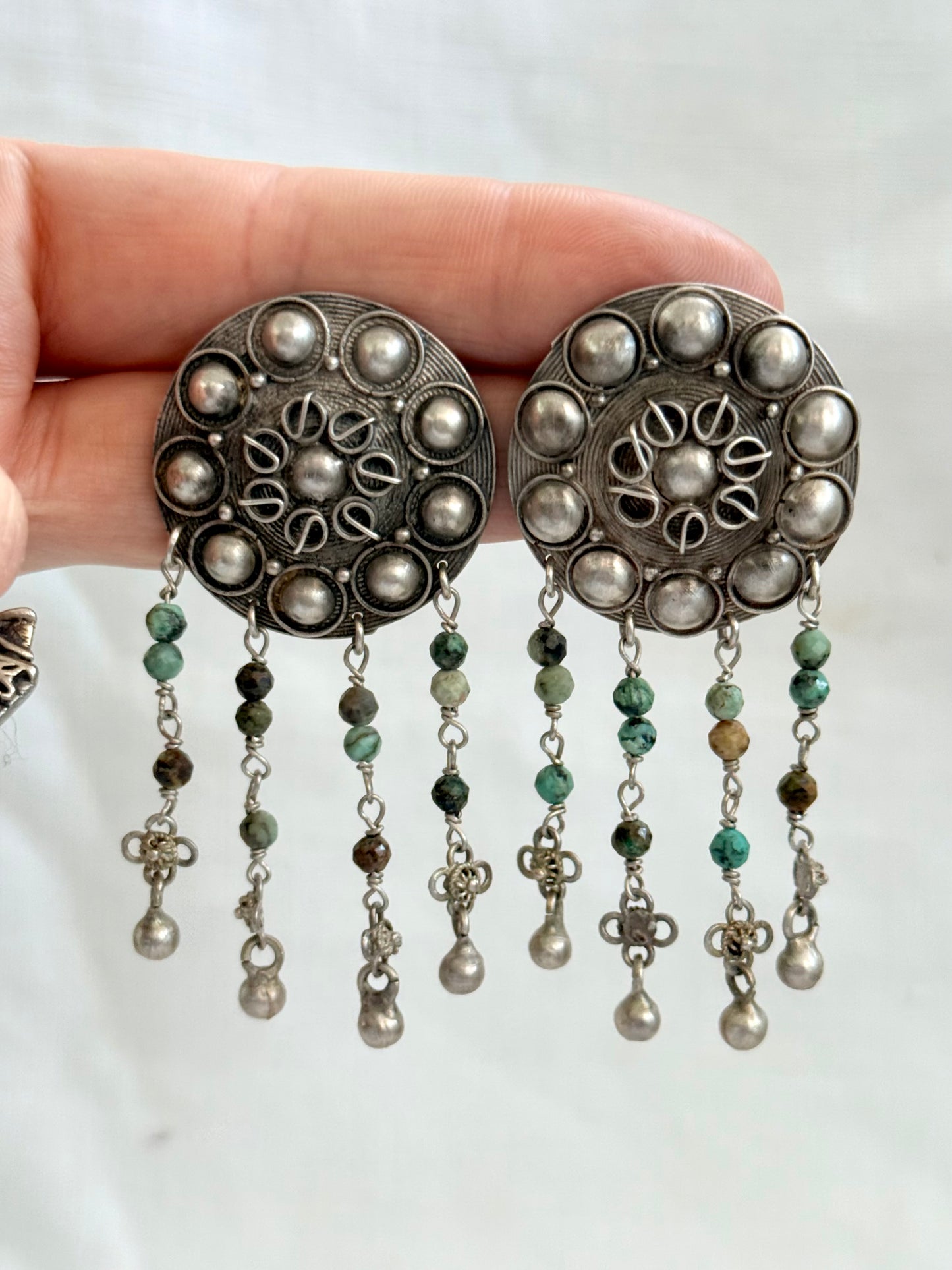 .925 HelenSilverSmit artisan made African Turquoise Tribal shield fringe dangle gemstone earrings