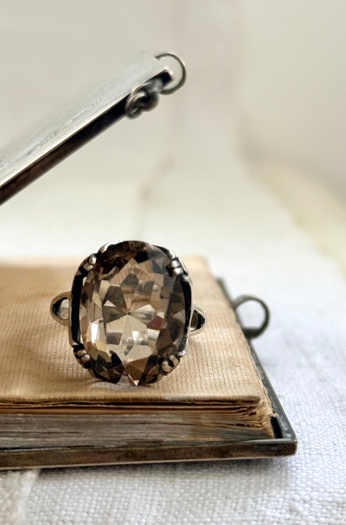 .1960s .925 magnificent large Smoky Quartz gemstone Mid Century Modern grey brown moody faceted gemstone retro Modernist sterling silver cocktail ring