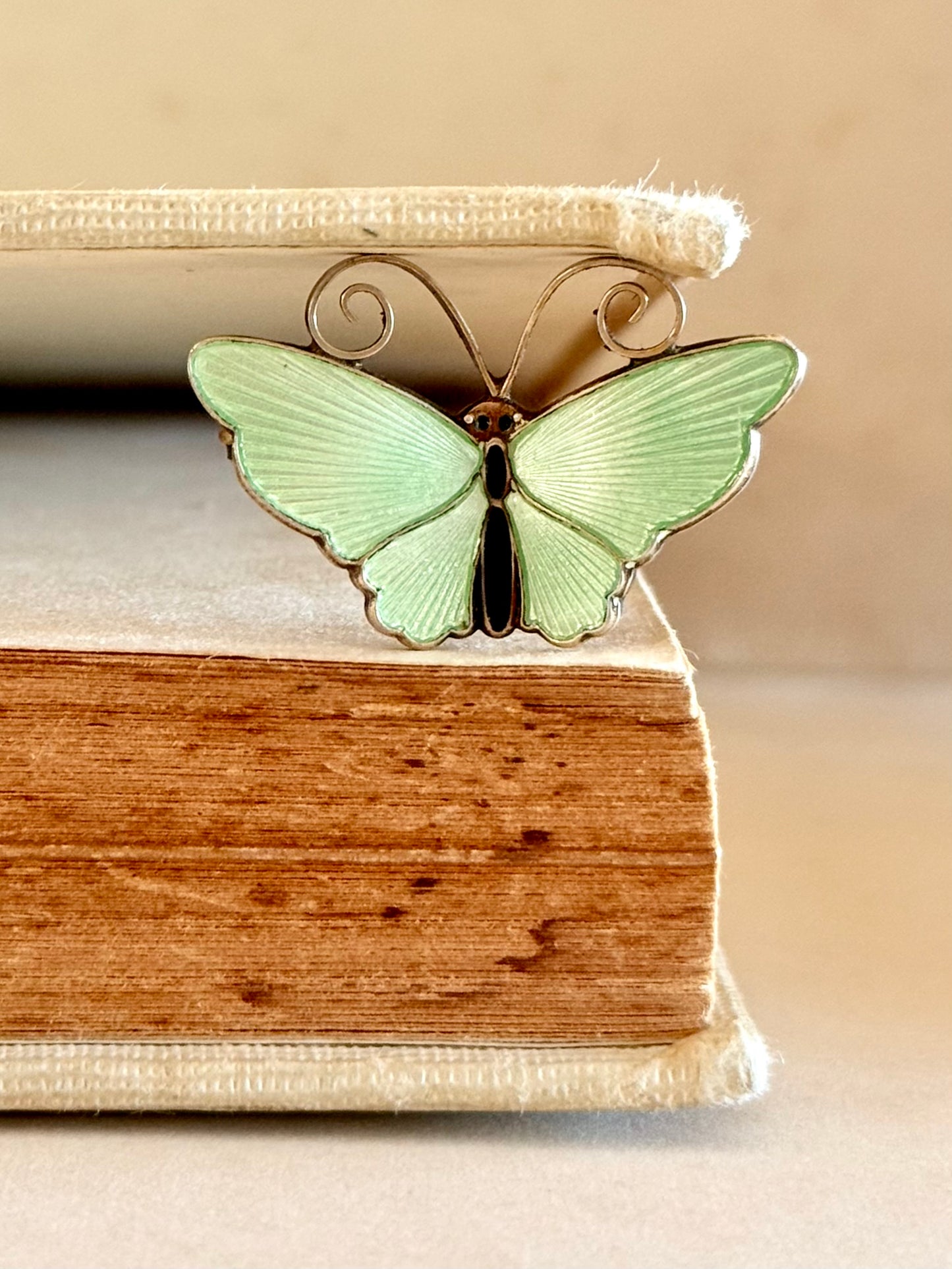 .1950s .925 designer collectors David Andersen butterfly figural fine sterling silver designer rare pastel green enamel butterfly brooch