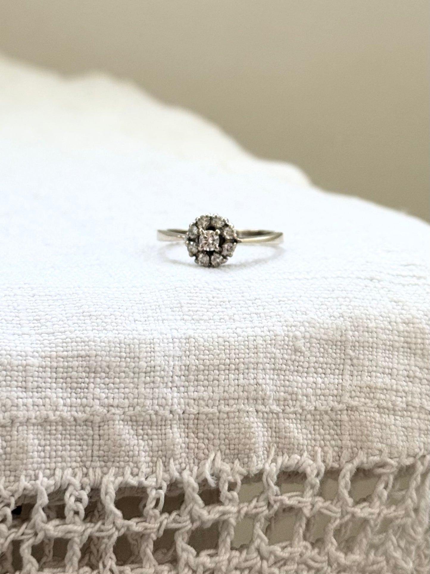 .18ct .1950s .1970s .9 diamond .750 white gold Diamond cluster flower floret halo diamond heirloom diamond gold commitment ring engagement ring
