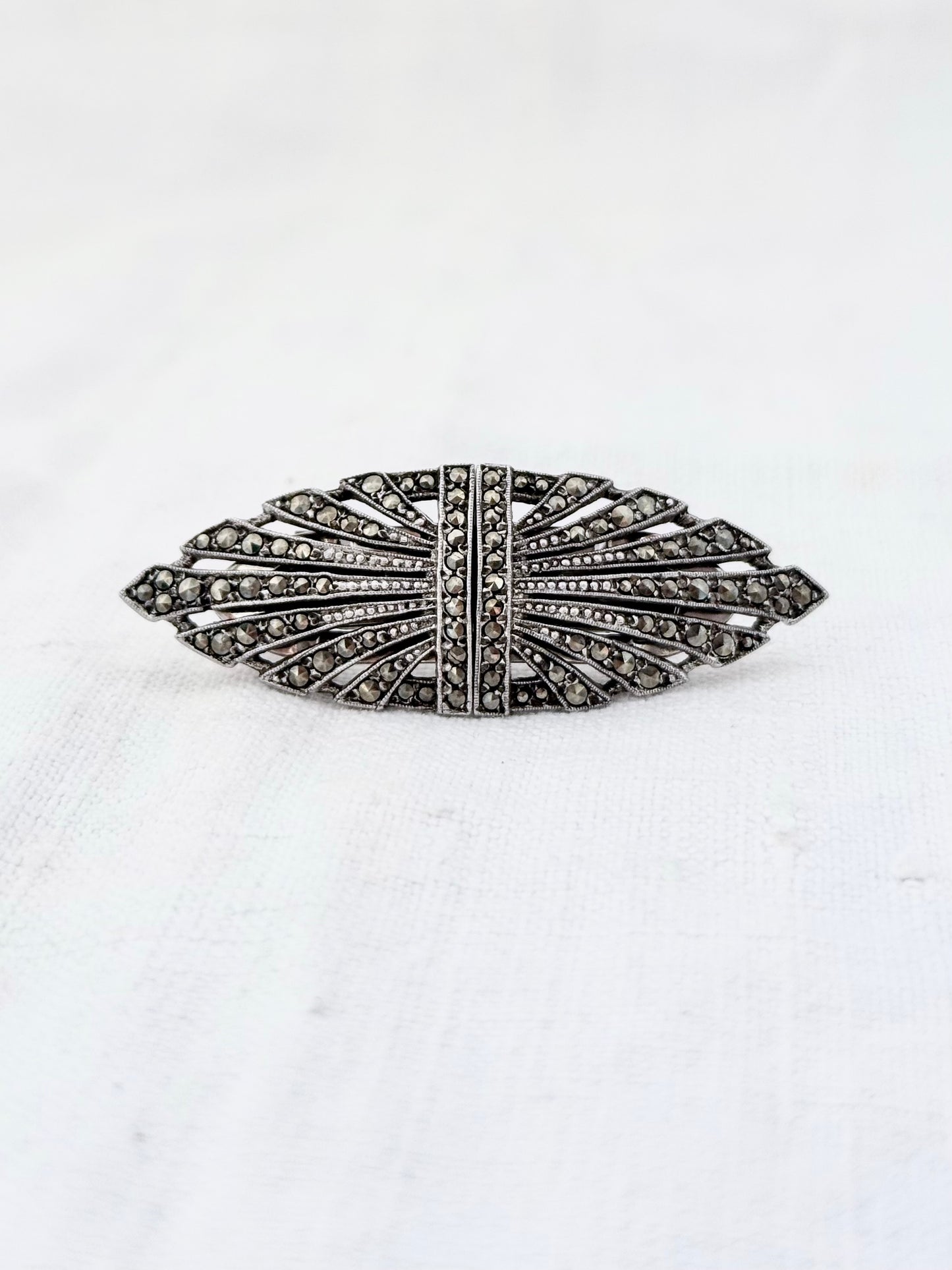 .1920s .1930s .925 antique Art Deco fine sterling silver Marcasite Duette double Dress clip Brooch Pin