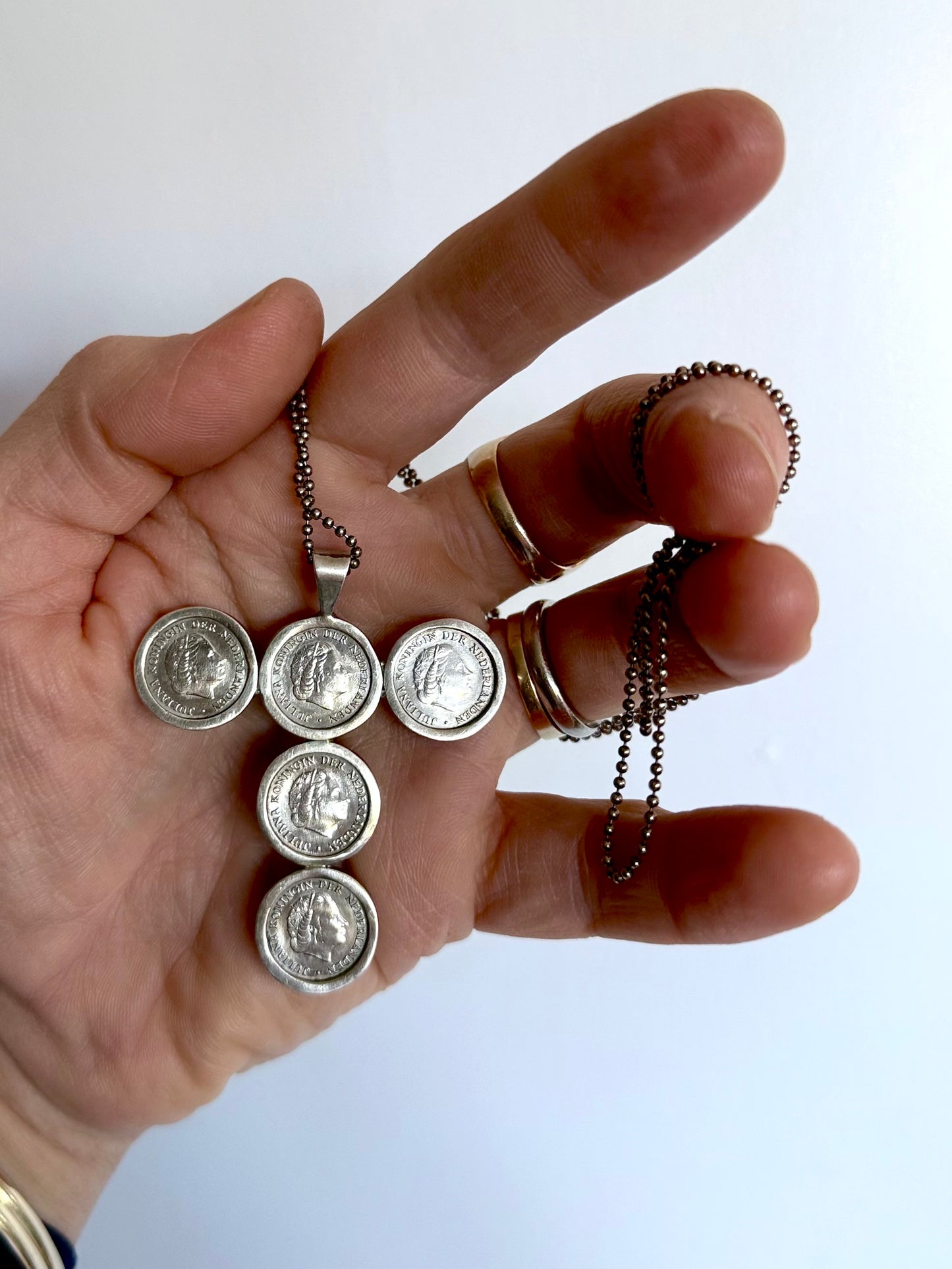 .1954 to .1980 .10 cents coin cross silver pendant on long lovely chain necklace