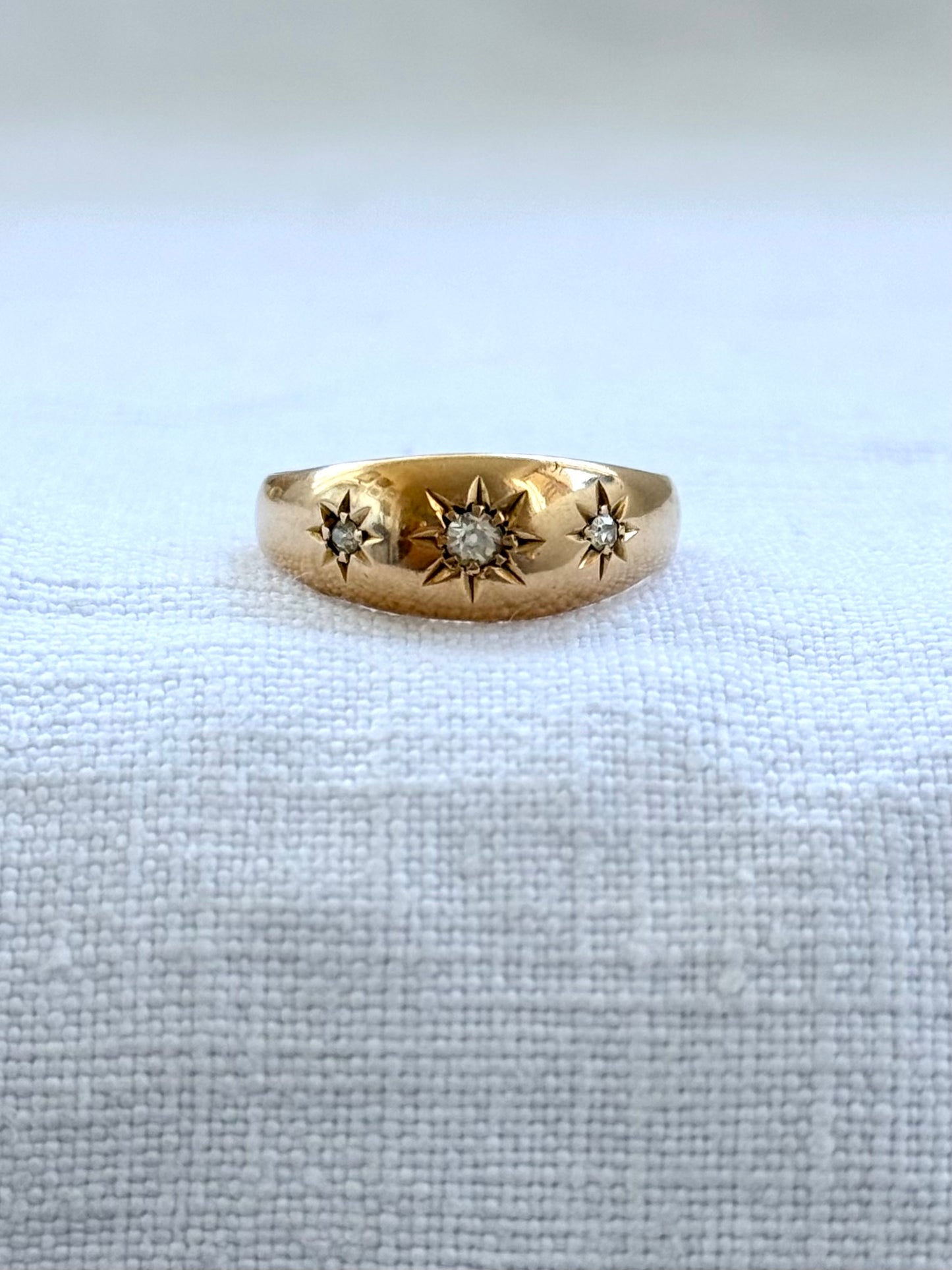 .1894 .18ct .3 diamond Birmingham circa 1894 fancy three star starburst diamond gypsy band high carat gold Victorian engagement wedding commitment ring