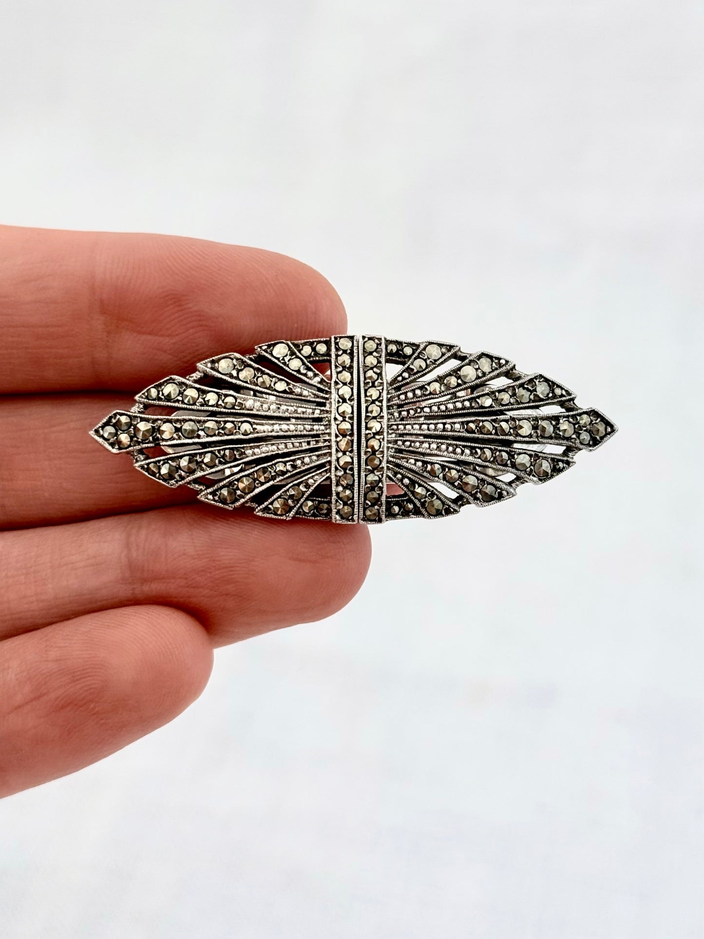 .1920s .1930s .925 antique Art Deco fine sterling silver Marcasite Duette double Dress clip Brooch Pin