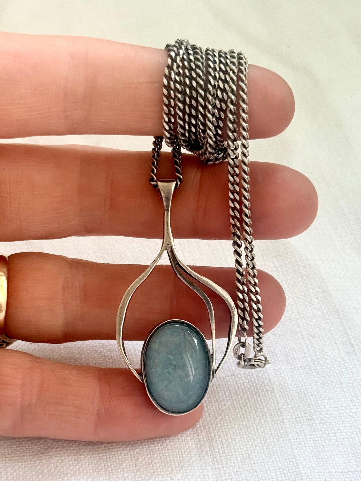 .1970s .925 modernist Blue Galaxy Opal gemstone pendant on solid retro flat curb chain necklace