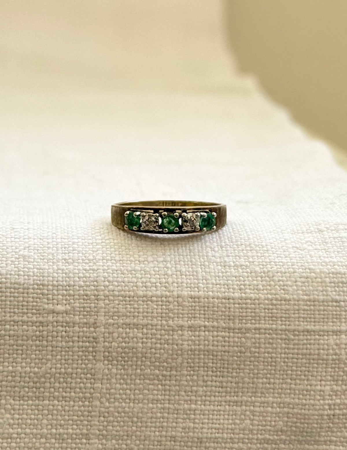 14k .1960s .1970s 3 Emeralds 2 Diamonds 5 precious gemstones high carat modernist brutalist half eternity ring band