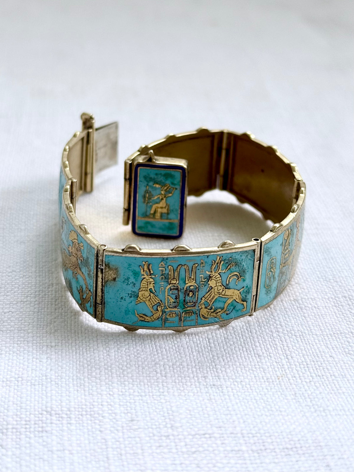 .1920s .935 Egyptian silver rare desired Egyptian revival gold gilded turquoise enamel 6 panel pictorial Pharaoh Egyptology enamel silver gold bracelet