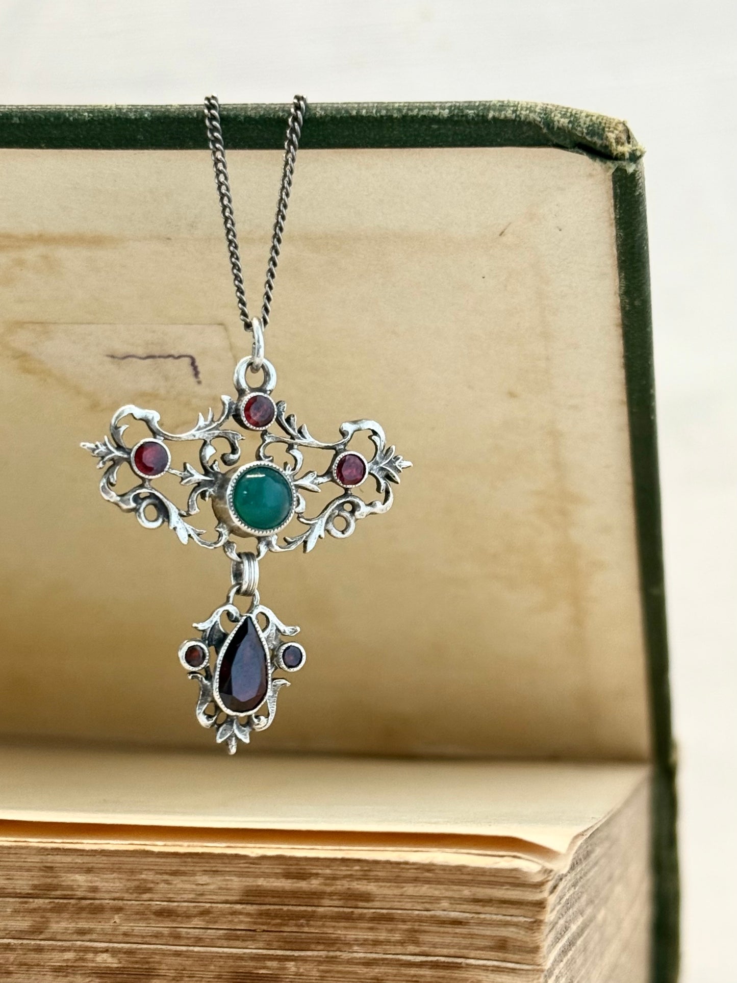 .1800s Antique Austro-Hungarian rare Garnet and Chrysoprase gemstone collectors treasure Victorian era silver lavaliere fancy filigree pendant