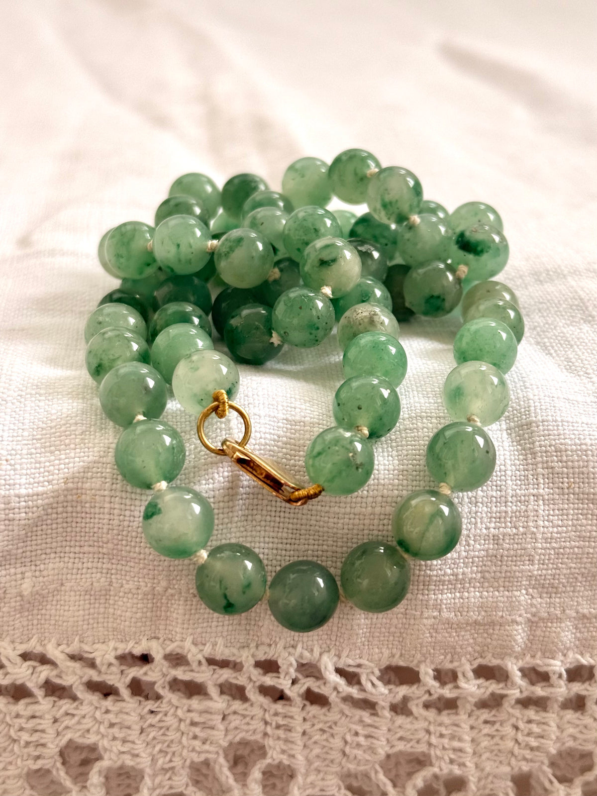 .375 .9ct gold and natural Aventurine “old Jade” long luxurious gemstone bead necklace