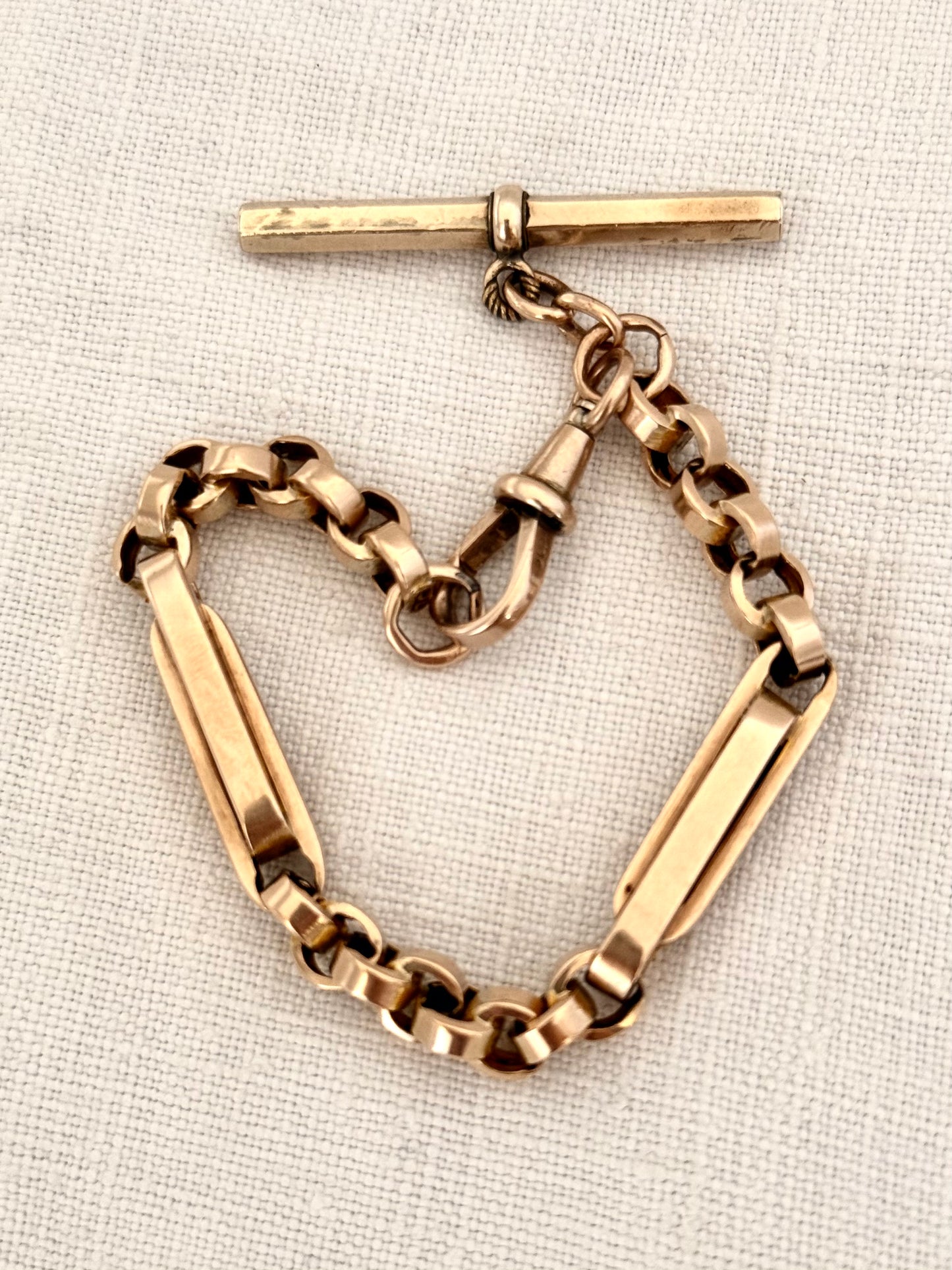.1890s .1900s .9ct antique chunky gold fancy link double paper clip link fob chain with oversized T bar bracelet
