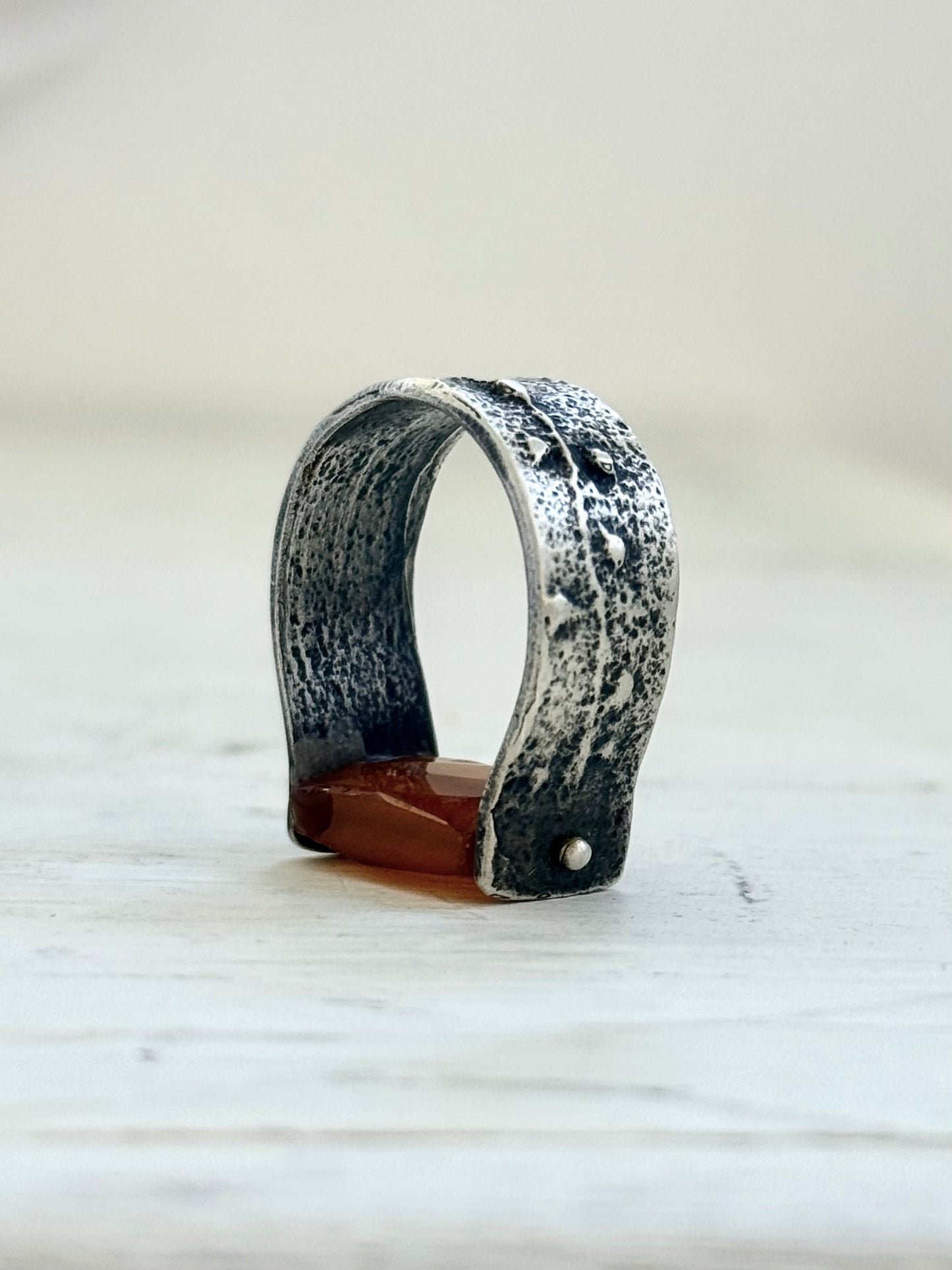 .925 Artisan made Carnelian gemstone sterling silver horse shoe hand made saddle ring swivel gemstone studio made shape gemstone bead ring