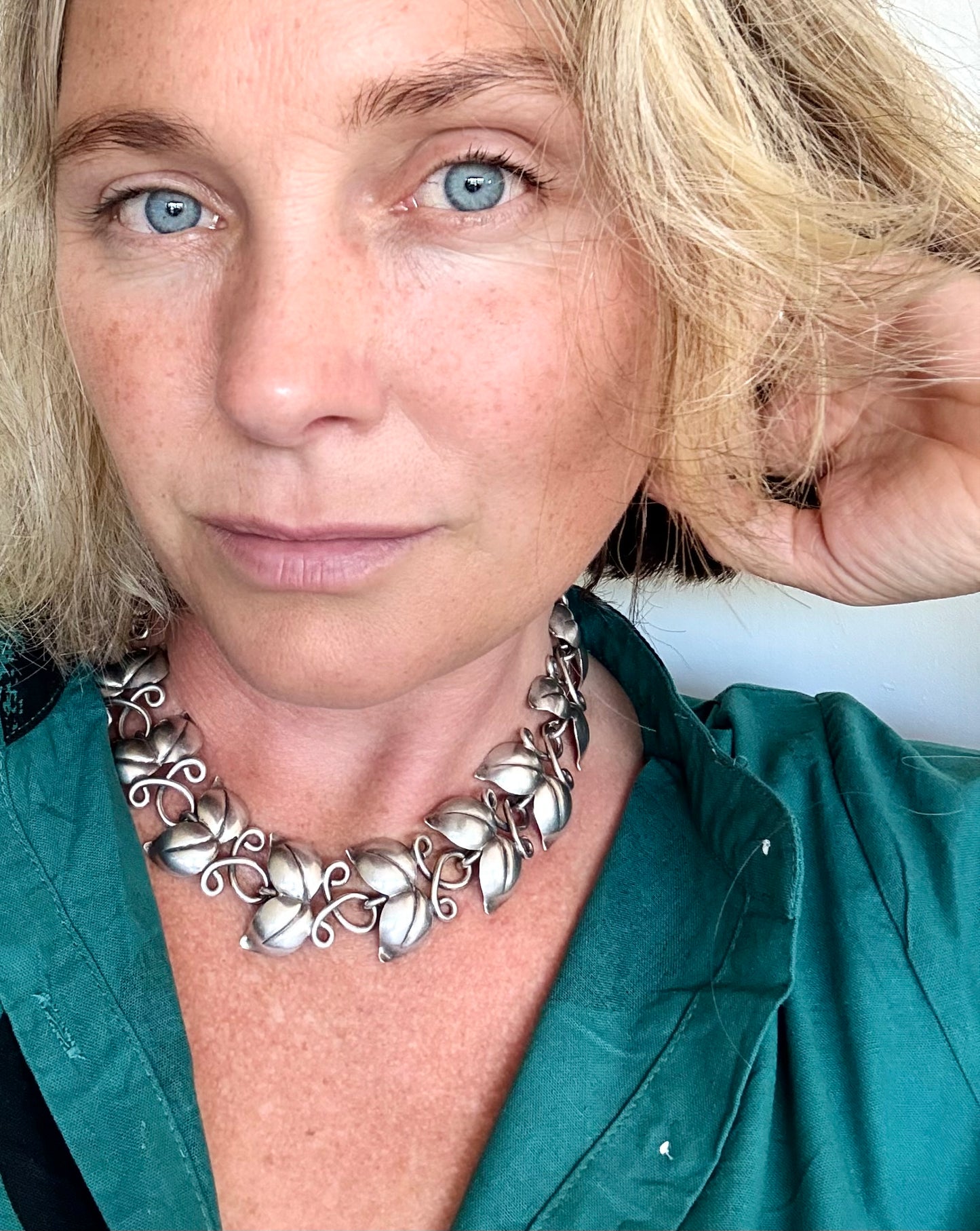 .1946 .925 designer mid century modern double leaf solid sterling silver modernist Scandinavian Swedish Haglund designer heirloom statement necklace