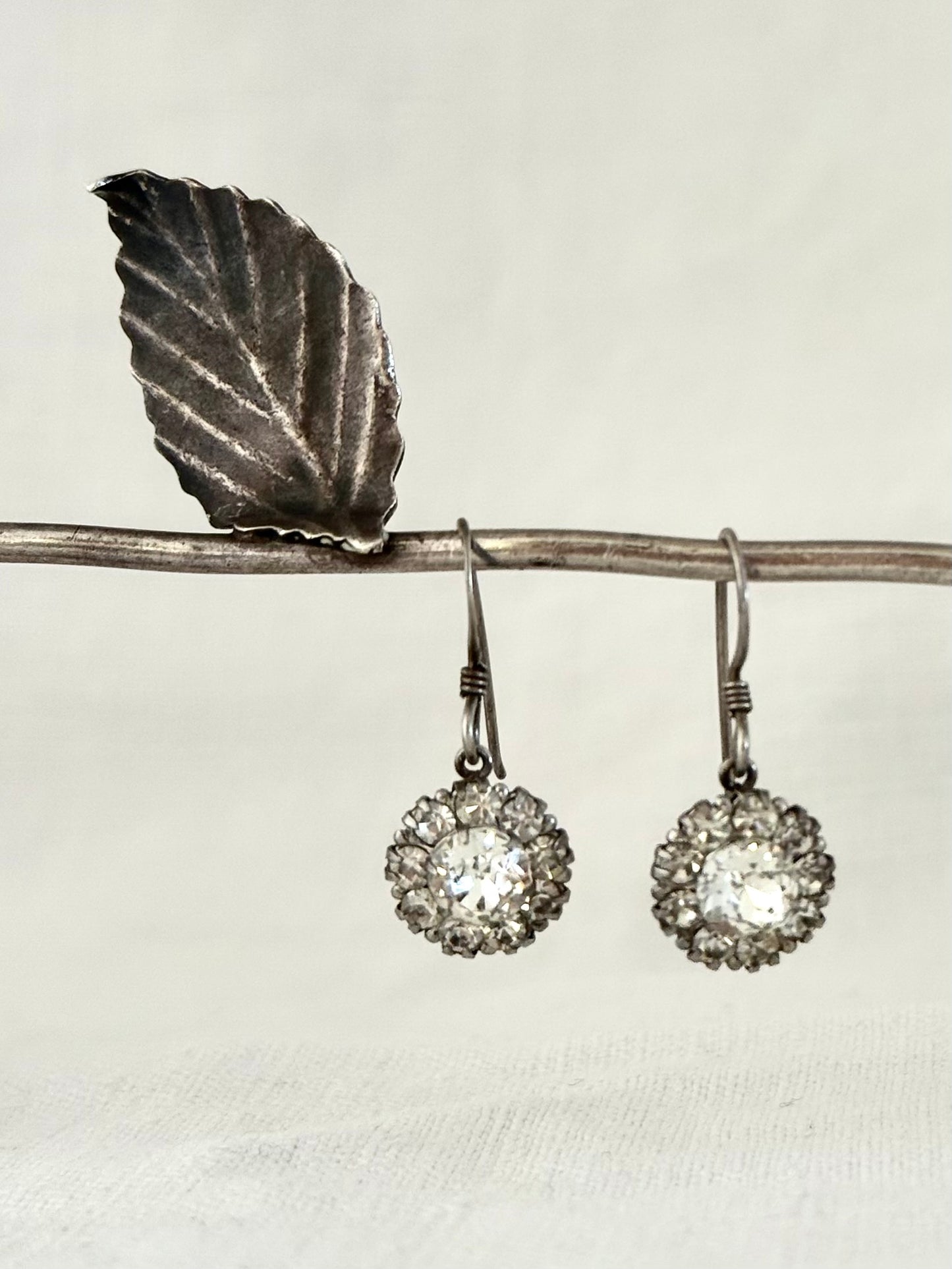 .1920s .925 antique Art Deco Edwardian diamond paste halo floret gemstone luxury sterling silver dangle earrings