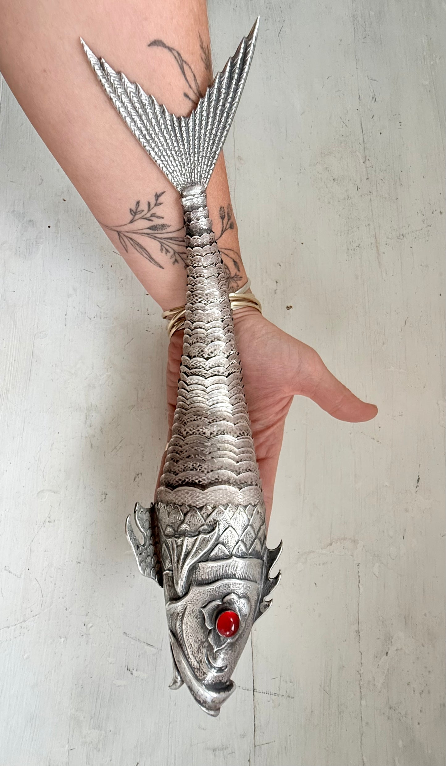 .1940s .915 articulated life sized hand made solid Spanish silver Large and magnificent artisan made Carb Fish rare treasured silver figural art statue