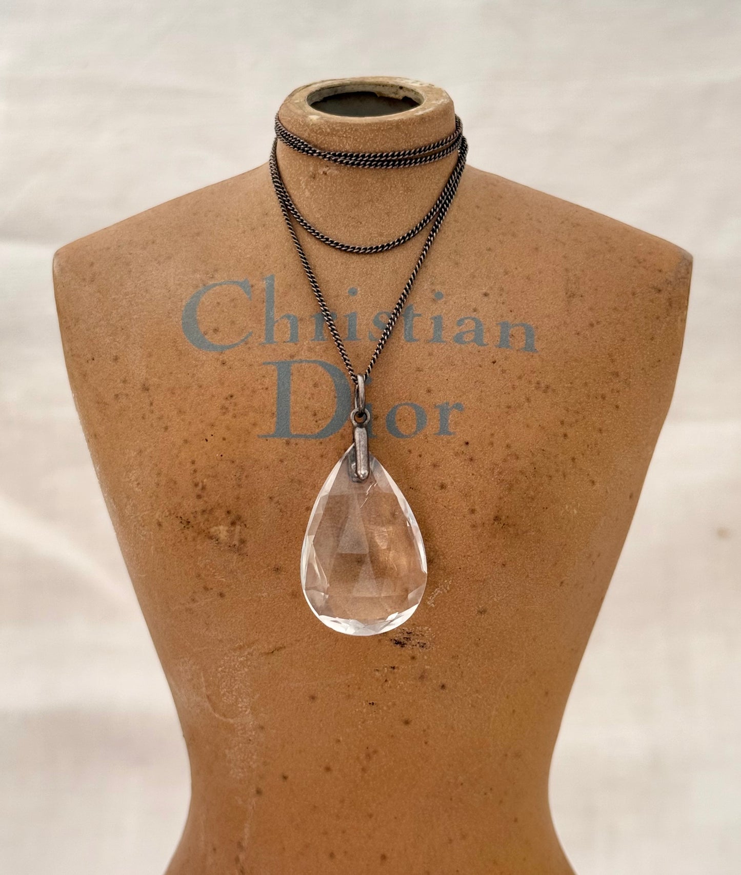 .1900s .1910 Antique Art Deco Rock Crystal Briolette teardrop pendant on Silver chain