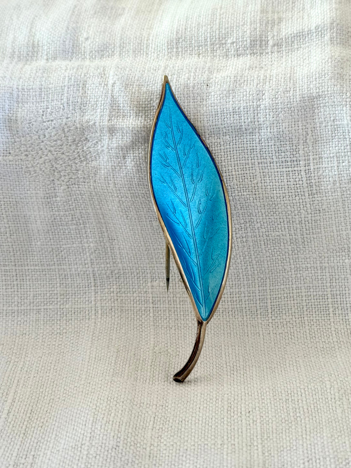 1950s .925 designer David Andersen fine sterling silver designer collectors sky blue enamel leaf brooch