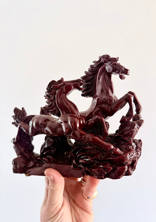 .1950s Chinese vintage red resin galloping running horses figurine statue in Feng Shui Style
