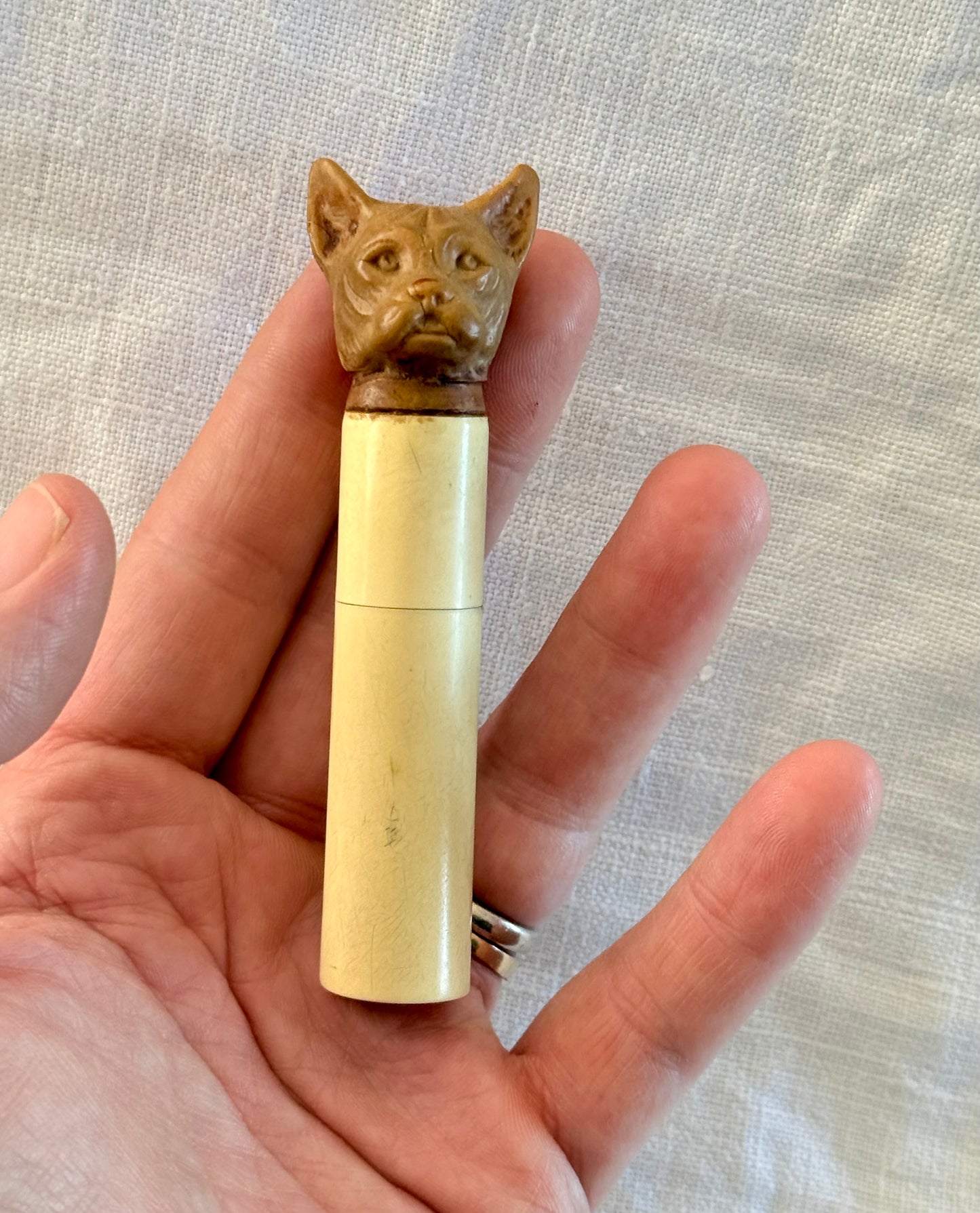 .1920s .1930s Art Deco rare hand carved French Bull Dog bakelite novelty perfume holder figural dog figurine case