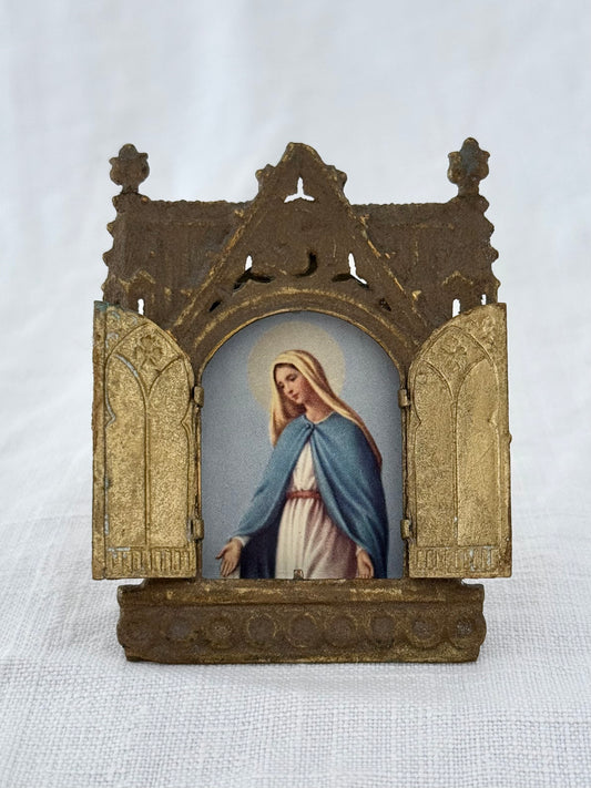 .1900s antique Catholic gold vermeil home alter triptych travelling chapel icon alter of Holy Virgin Mary