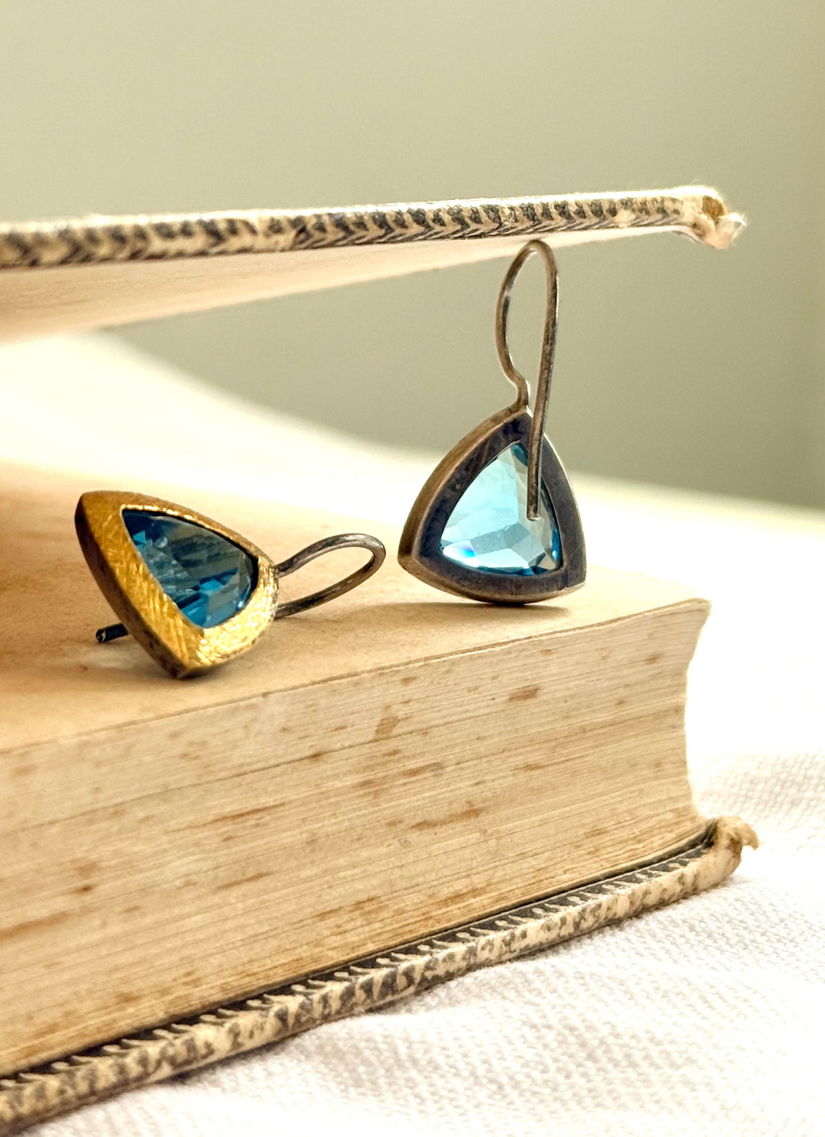 .24k yellow gold 925 silver ANPA artisan made Swiss Blue Topaz Trillion gold silver studio made drop dangle earrings